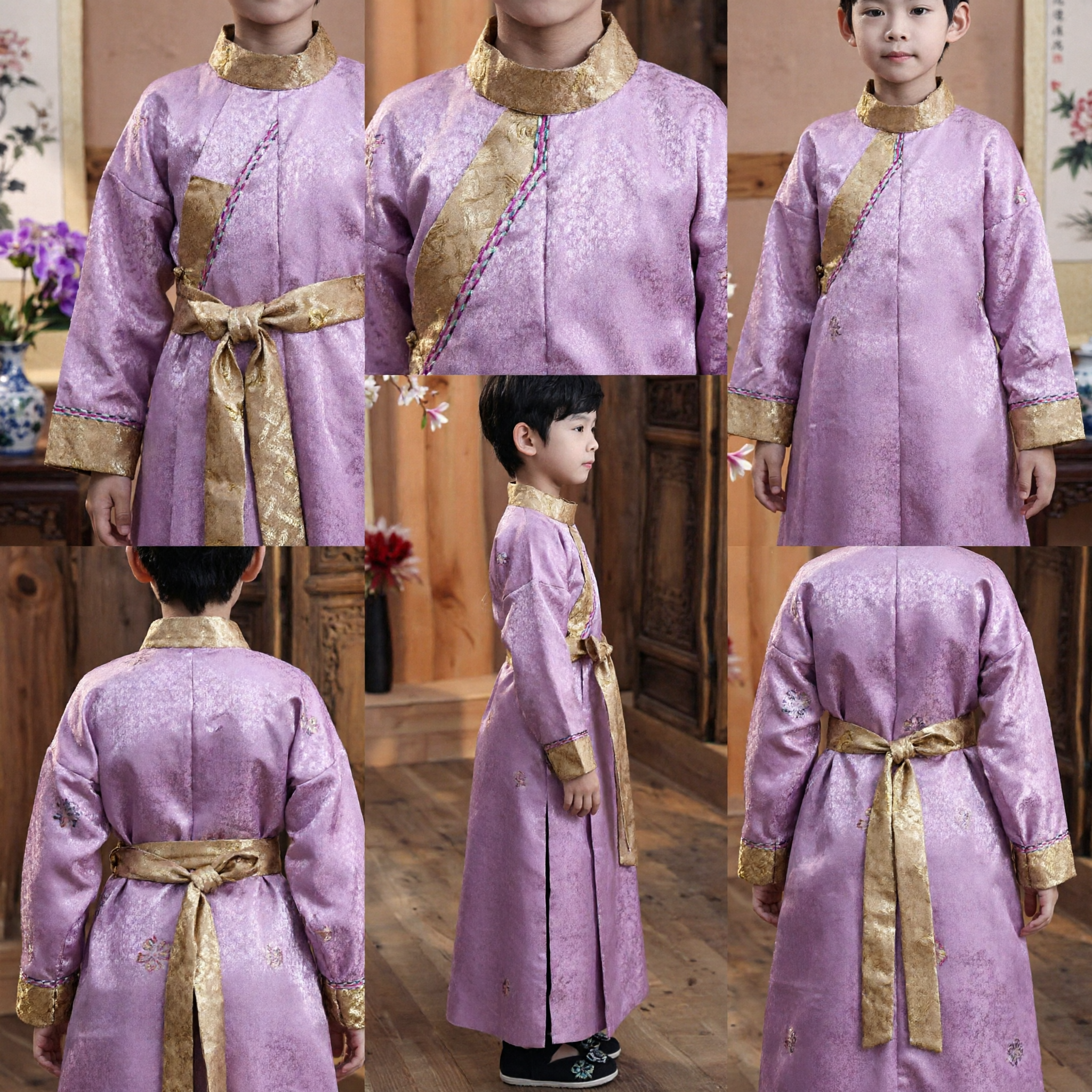 Boys Traditional Chinese Hanfu Costume Ancient Ming Dynasty Purple Round Collar Robe with Gold Sash