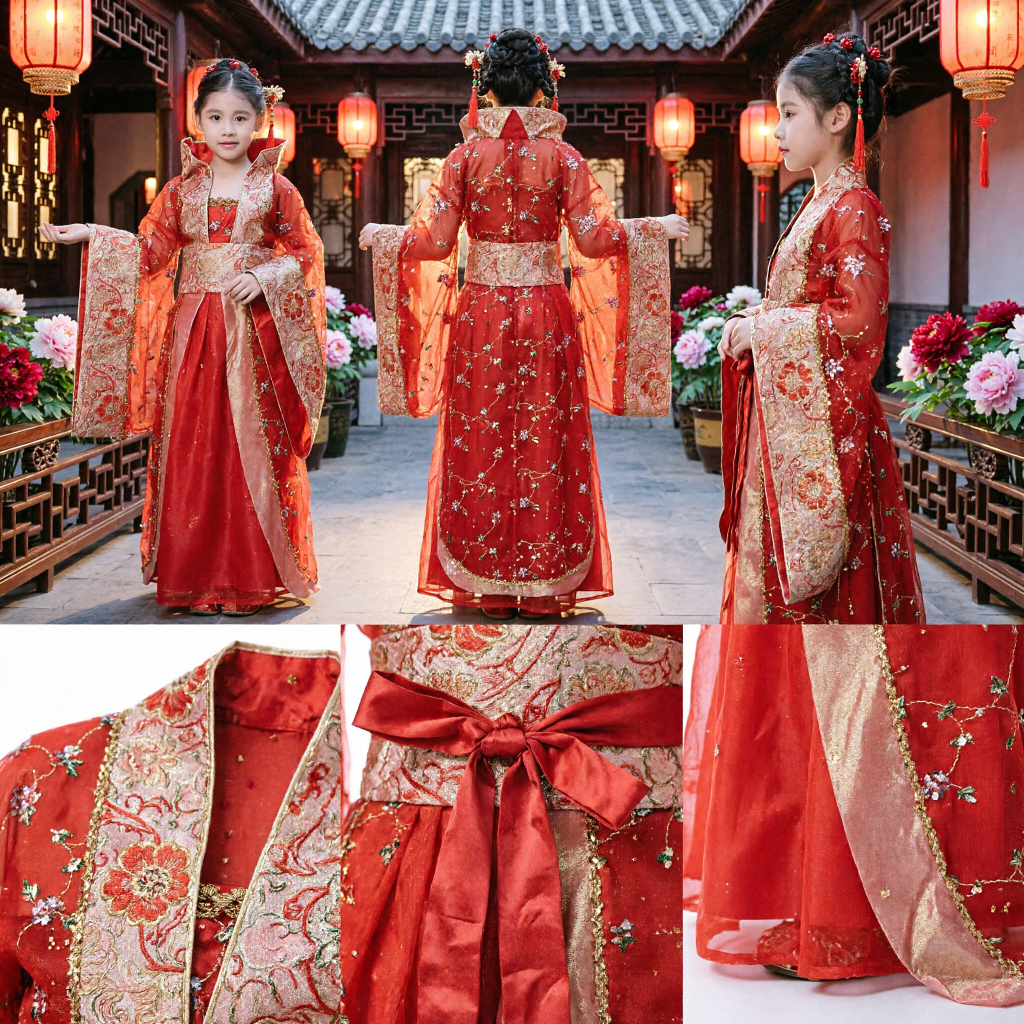 Traditional Chinese Red Hanfu Dress for Girls Kids Ancient Tang Dynasty Princess Costume with Embroidery