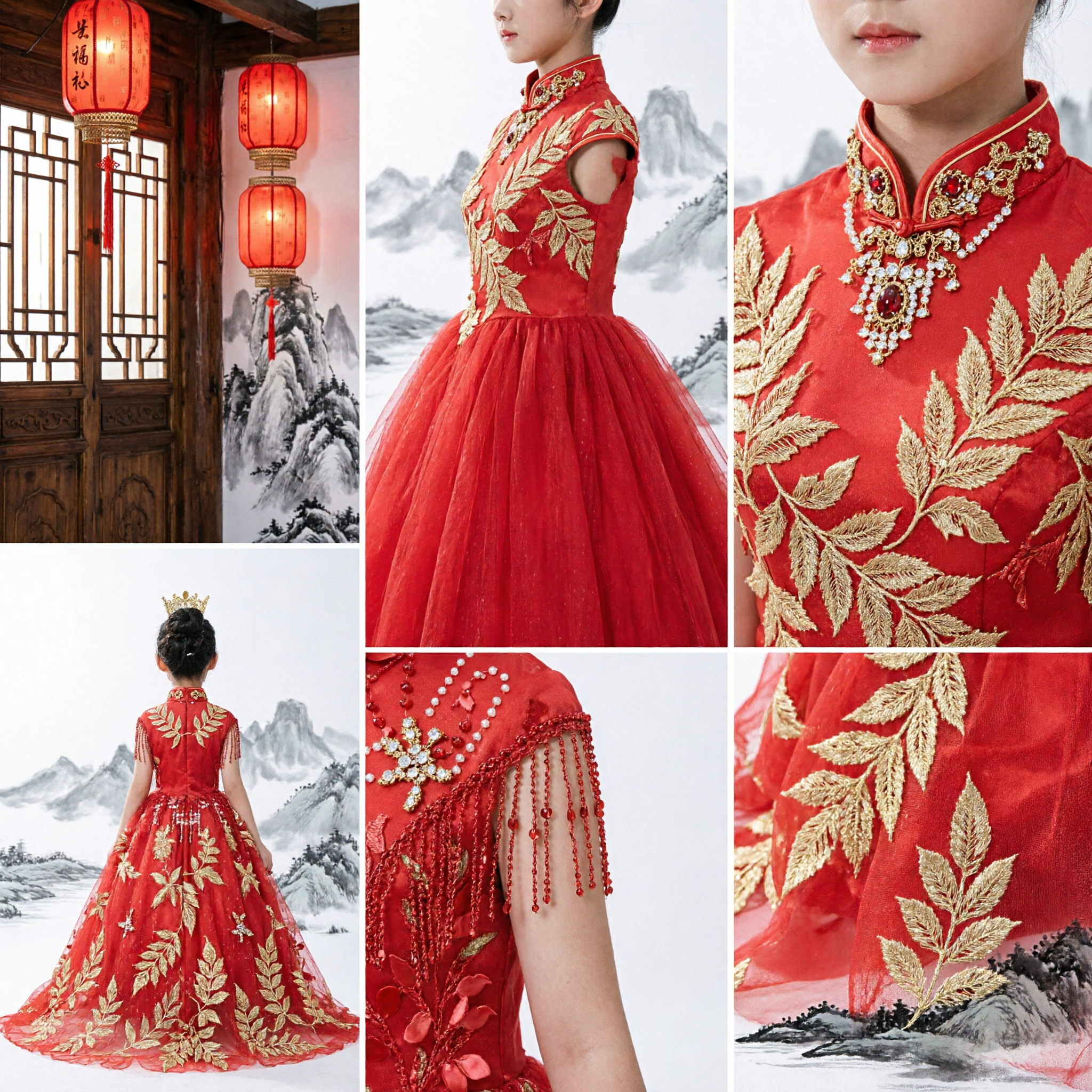 Elegant Red Floral Embroidery Ball Gown for Girls Kids Formal Wedding Dress Flower Girl Stage Performance Costume