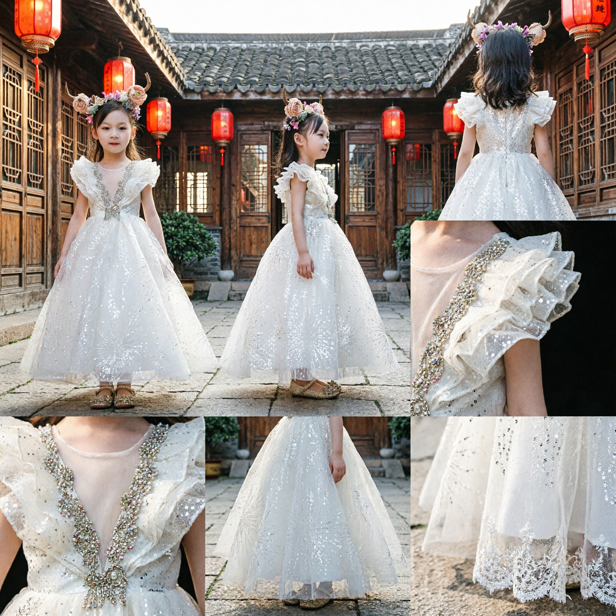 Elegant White Beaded Flower Girl Dress for Kids Wedding Pageant Formal Gown with Tulle Skirt