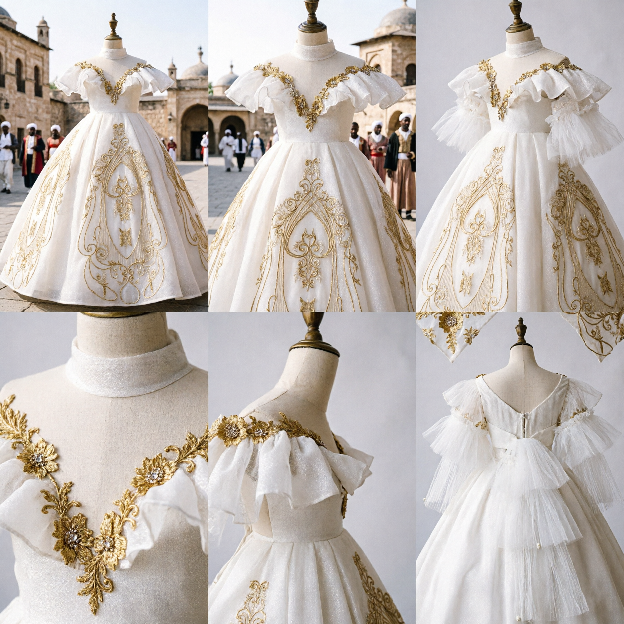 Luxurious White Flower Girl Ballgown with Gold Embroidery for Weddings First Communion and Pageants