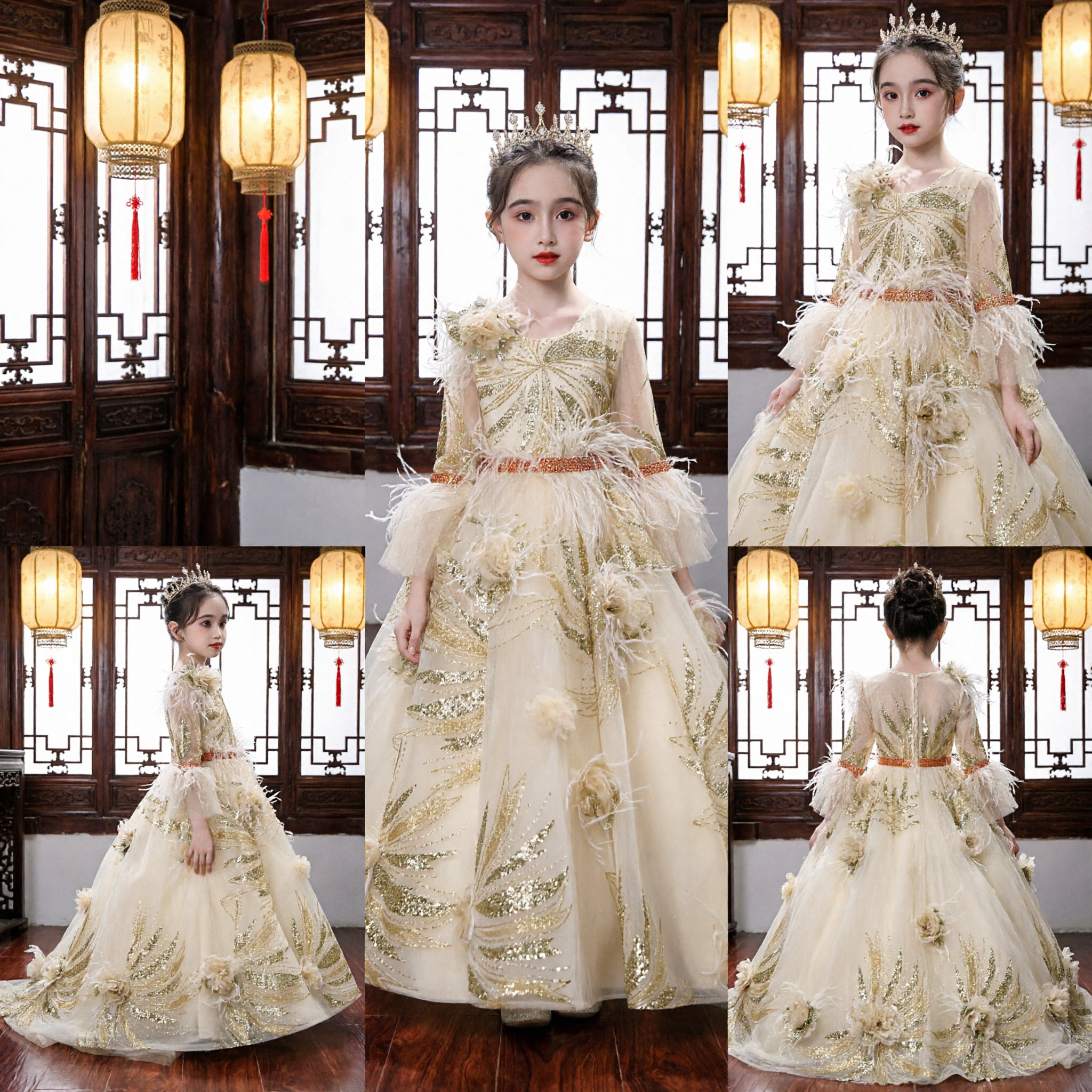 Luxury Gold Sequin Princess Dress for Girls Long Sleeve Feather Ball Gown Formal Wedding Pageant Party Costume
