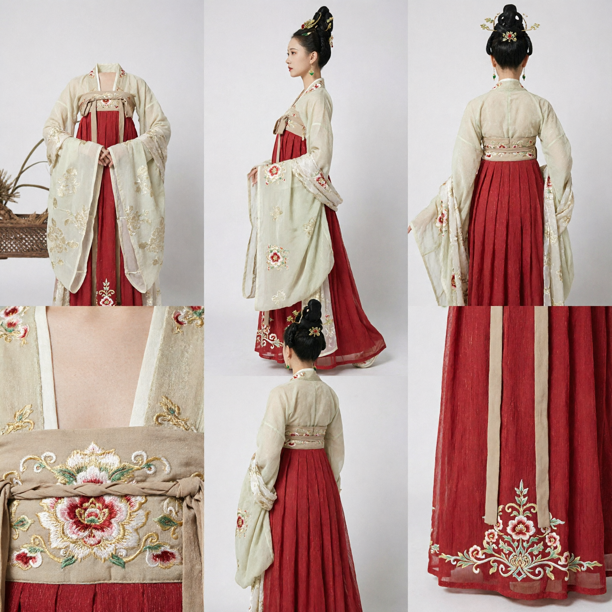 Traditional Chinese Tang Dynasty Hanfu Costume Ancient Red Pleated Skirt and Embroidered Top for Women