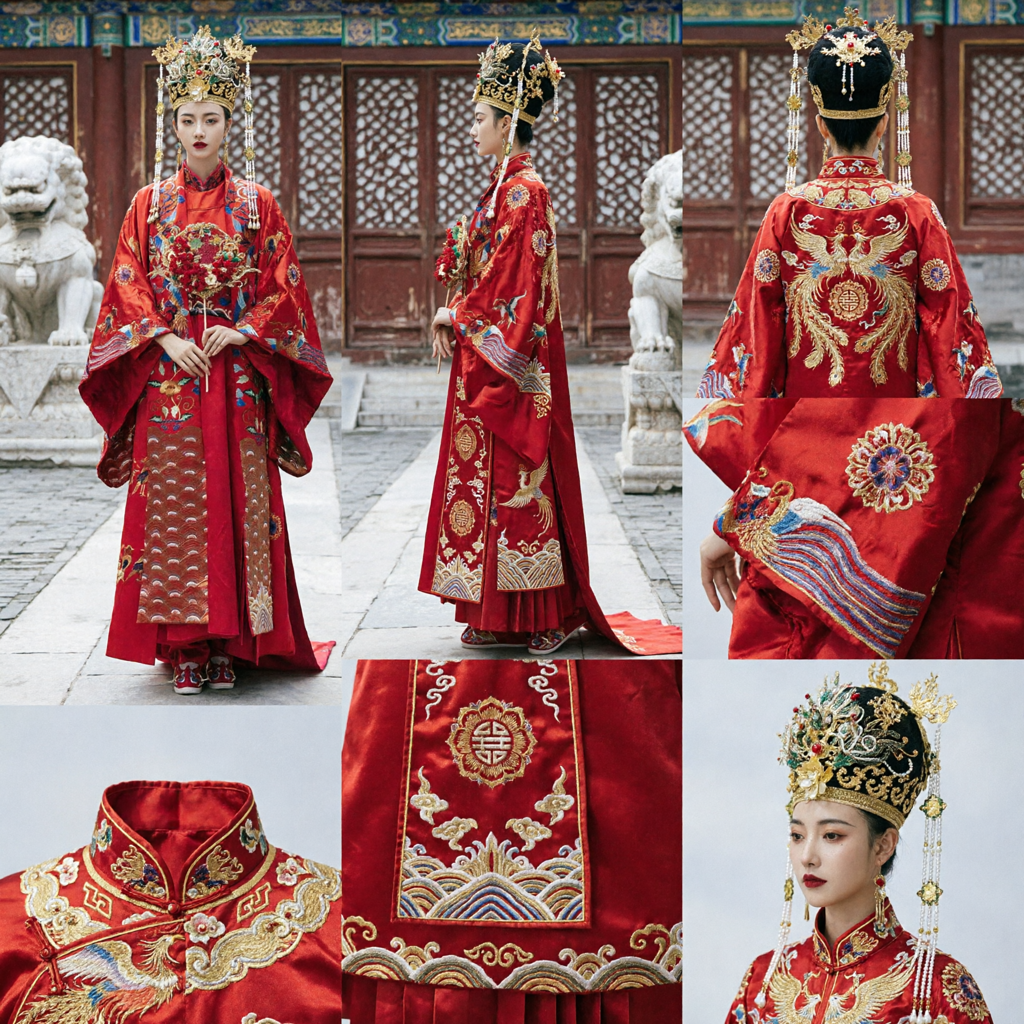 Traditional Chinese Wedding Dress for Bride Ancient Hanfu Xiuhe Suit Red Embroidery Phoenix Crown Set