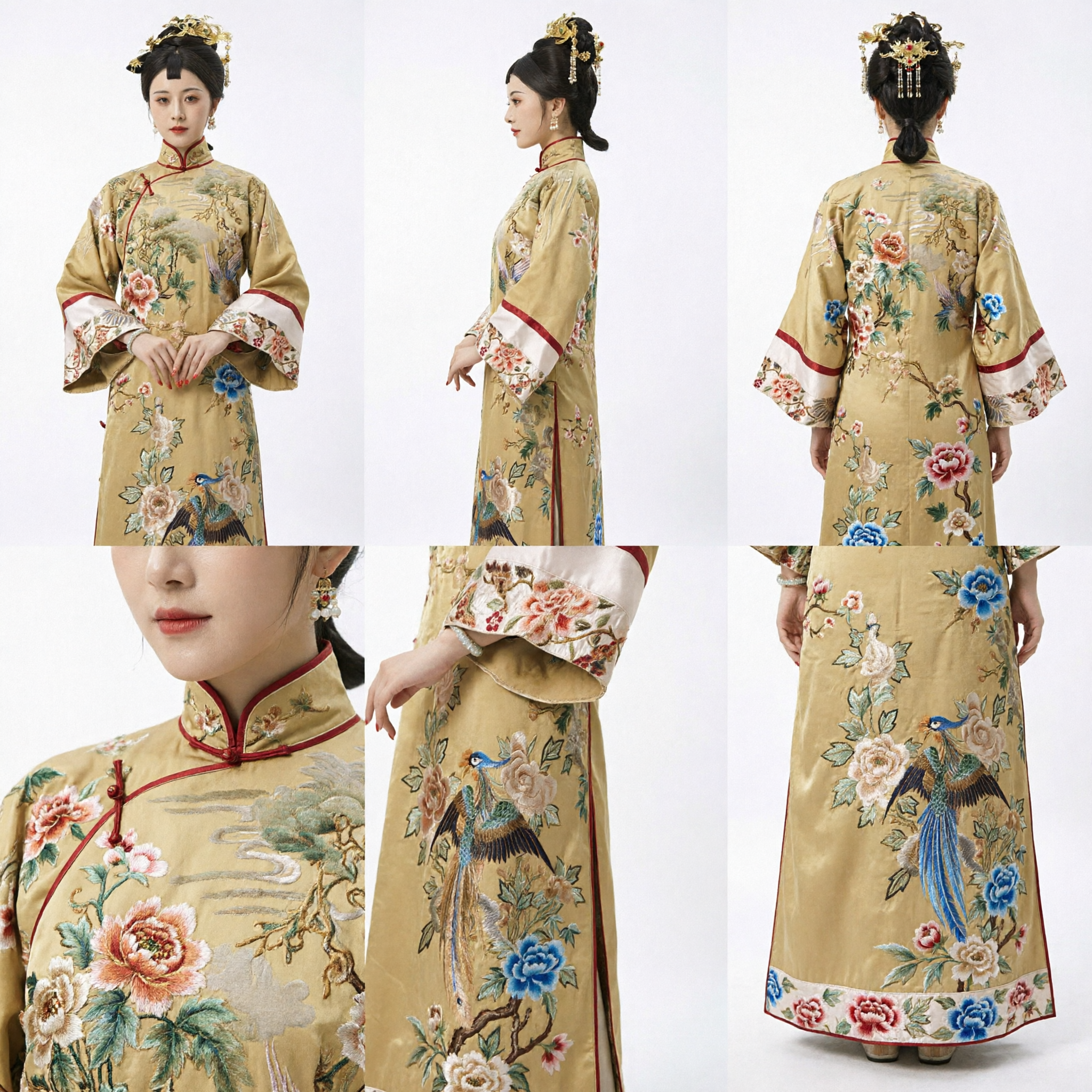 Yellow Embroidered Peacock Traditional Chinese Ancient Costume Qing Dynasty Noble Lady Robe for Women