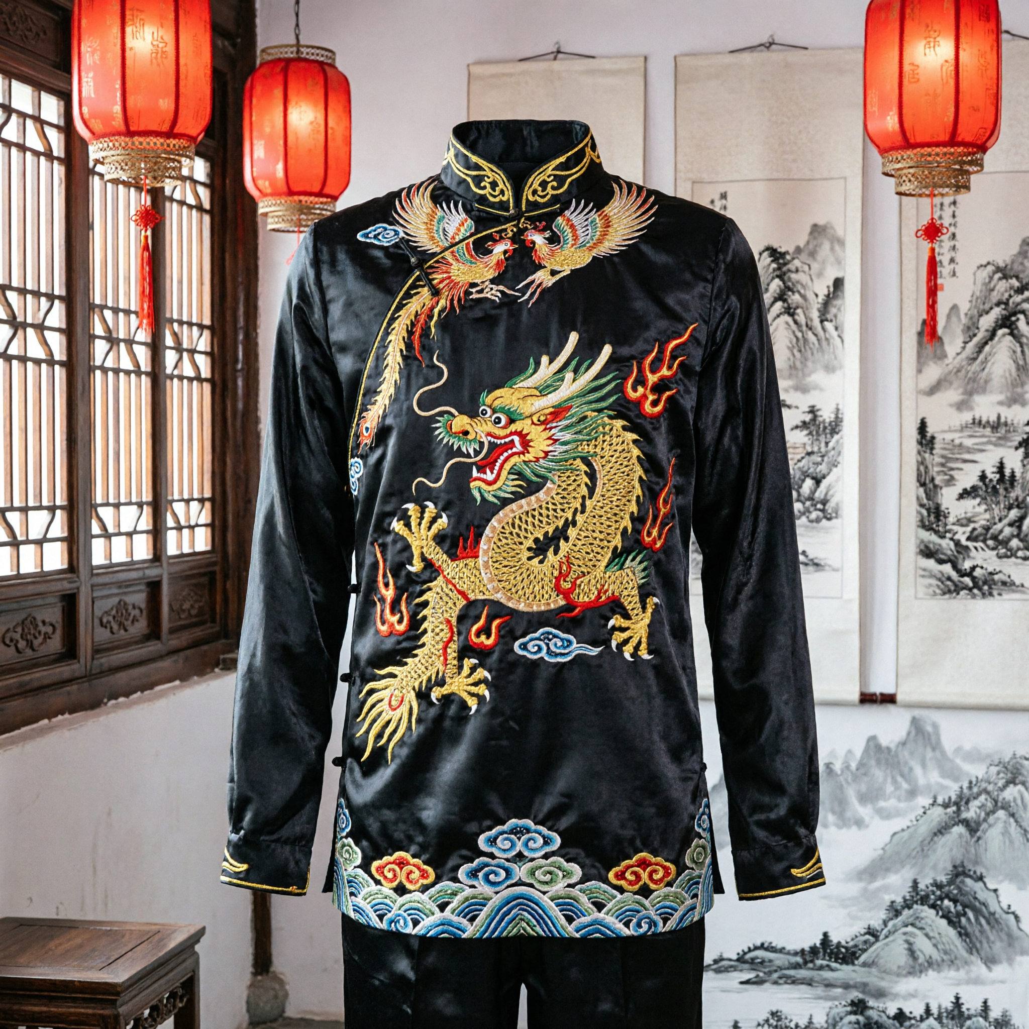 Men's Black Satin Dragon Embroidery Kung Fu Uniform Traditional Chinese Martial Arts Tai Chi Suit