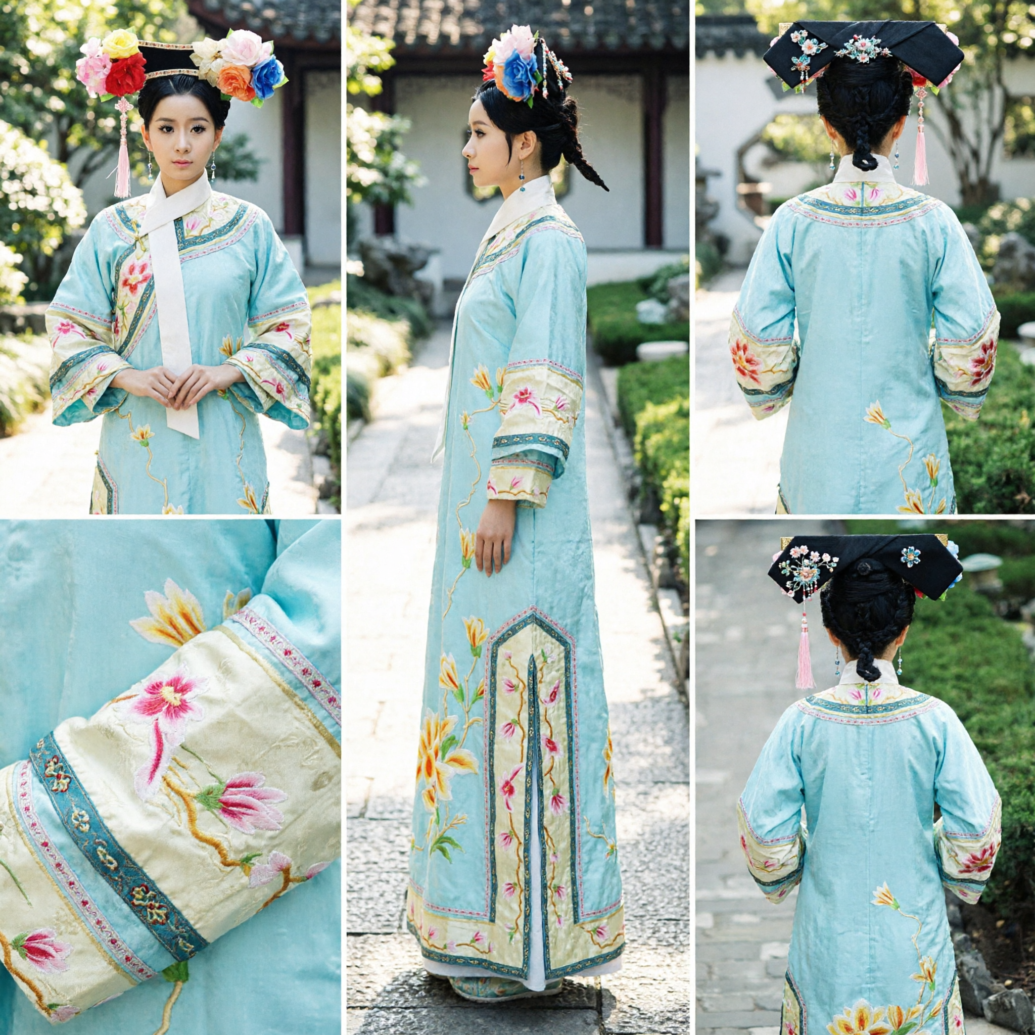 Traditional Chinese Qing Dynasty Princess Costume with Floral Headdress for Women Cosplay and Photography