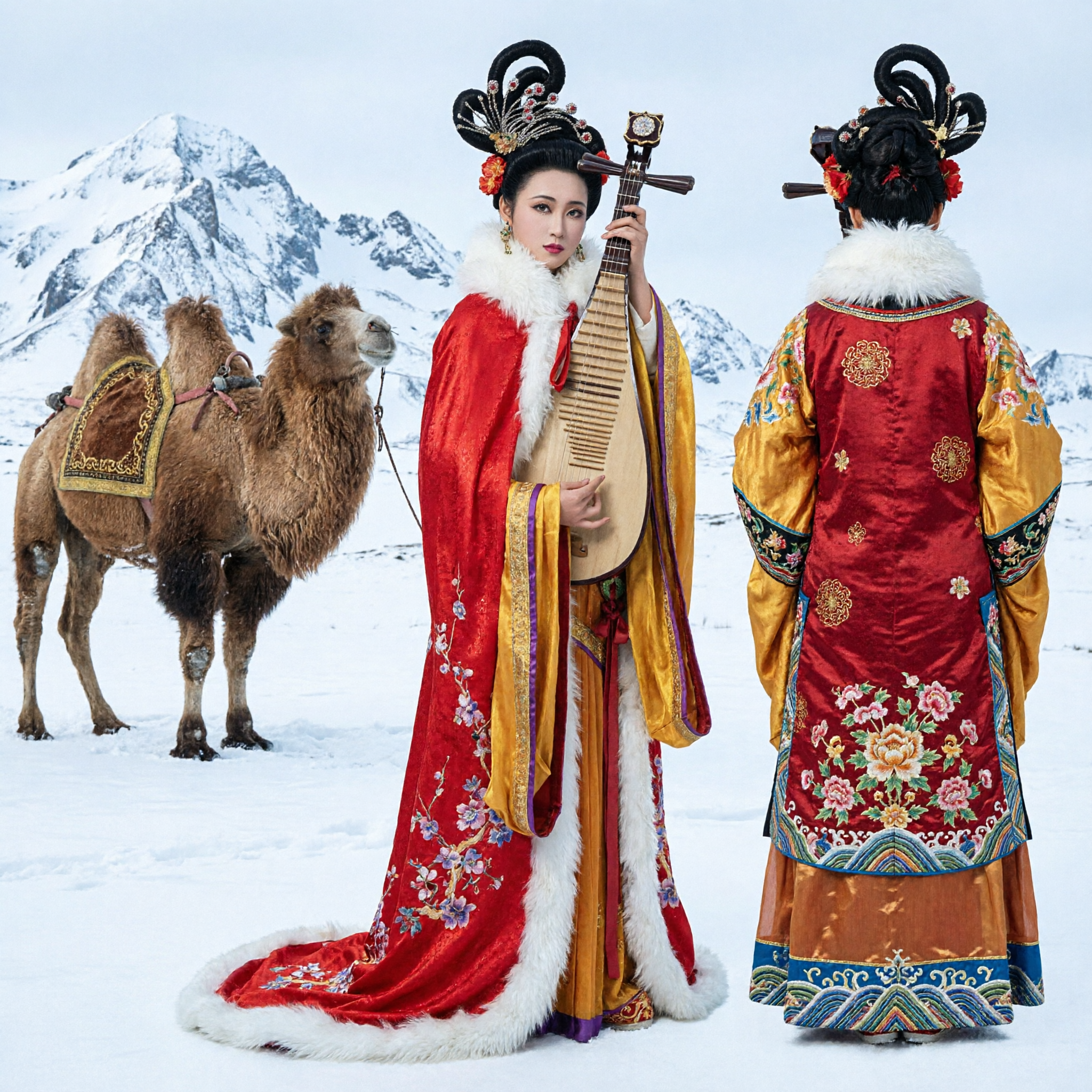 Traditional Chinese Wang Zhaojun Costume Red Fur Cloak Pipa Player Hanfu Dress for Women Stage Performance Cosplay