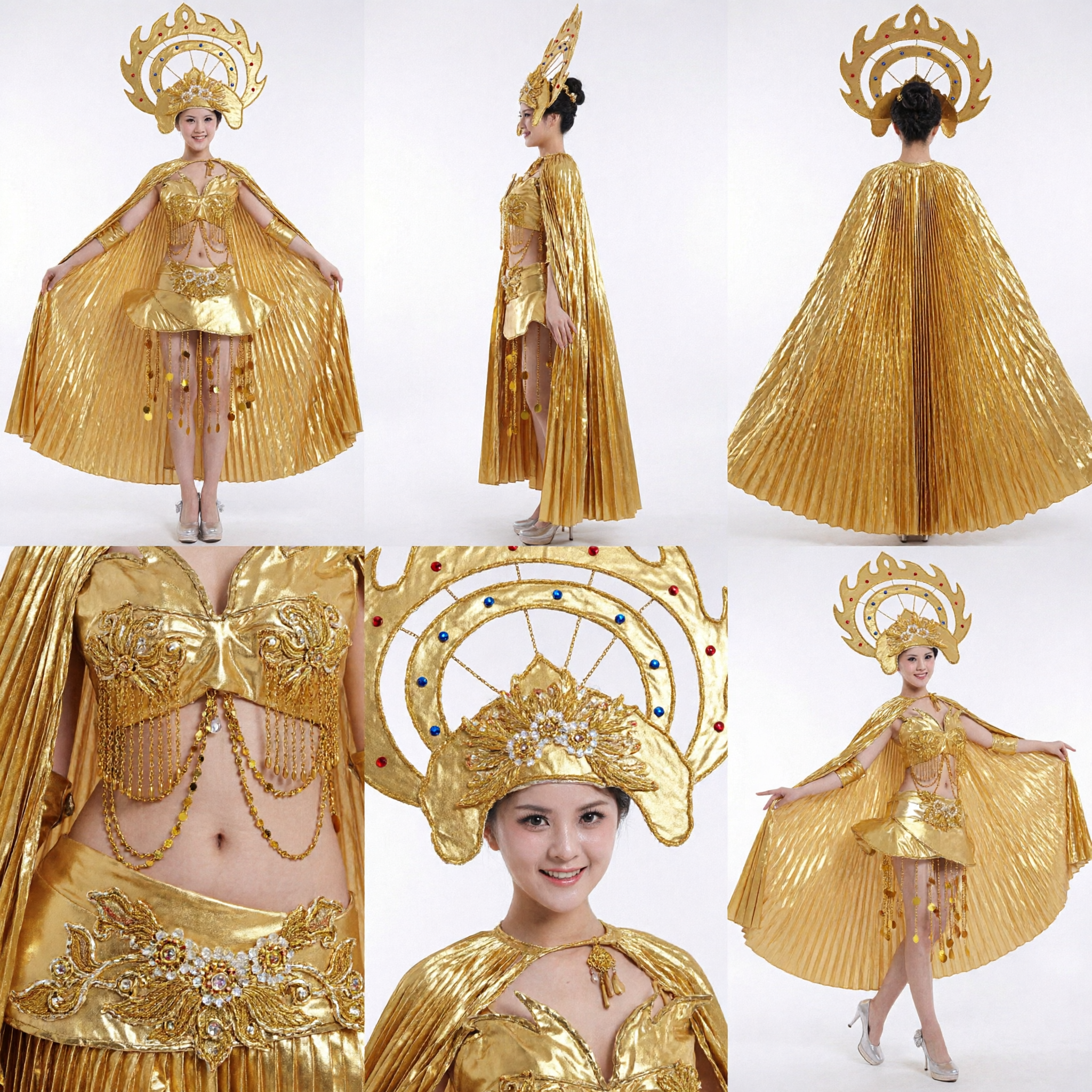 Women's Gold Stage Performance Costume with Pleated Cape Wings and Sun Headdress for Dance Show