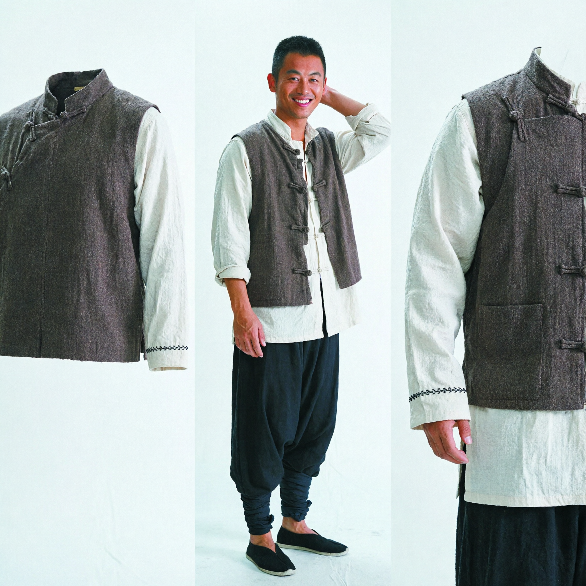 Men's Traditional Chinese Kung Fu Tang Suit Set Cotton Linen Vest and Pants Martial Arts Costume