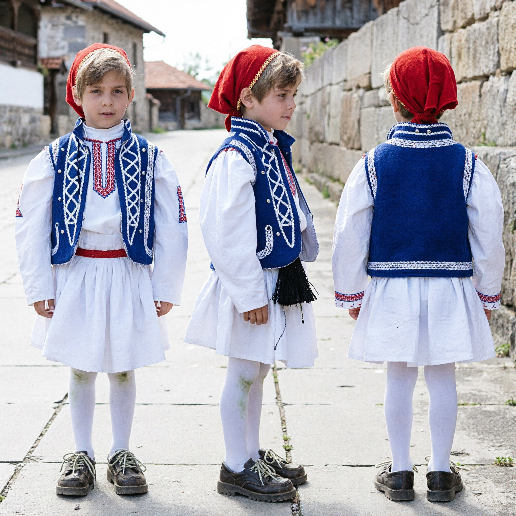 Boys Traditional European Folk Dance Costume White Shirt Blue Embroidered Vest Festival Performance Outfit