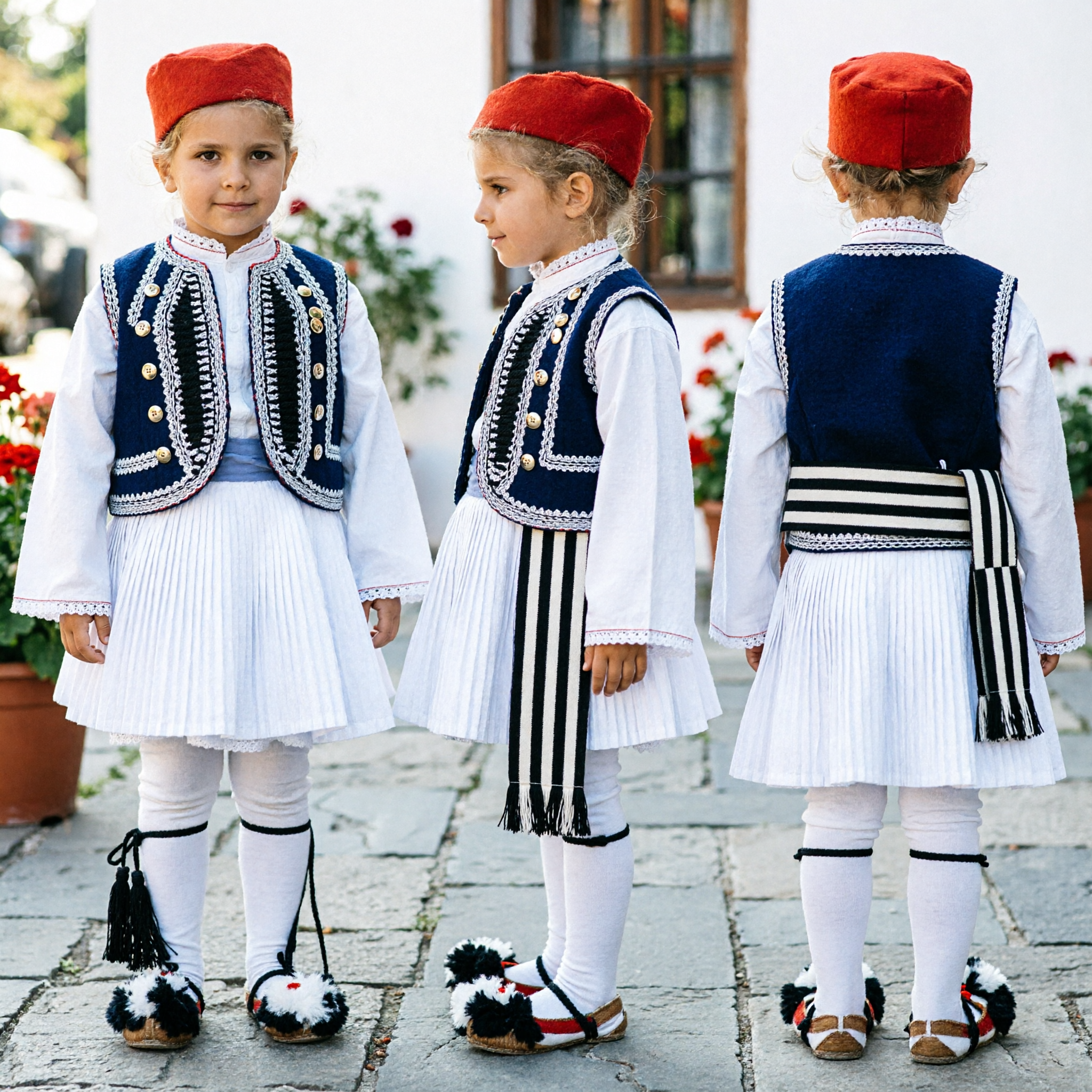 Boys Traditional Greek Fustanella Costume Set with Embroidered Vest and Red Fez for Folk Dance