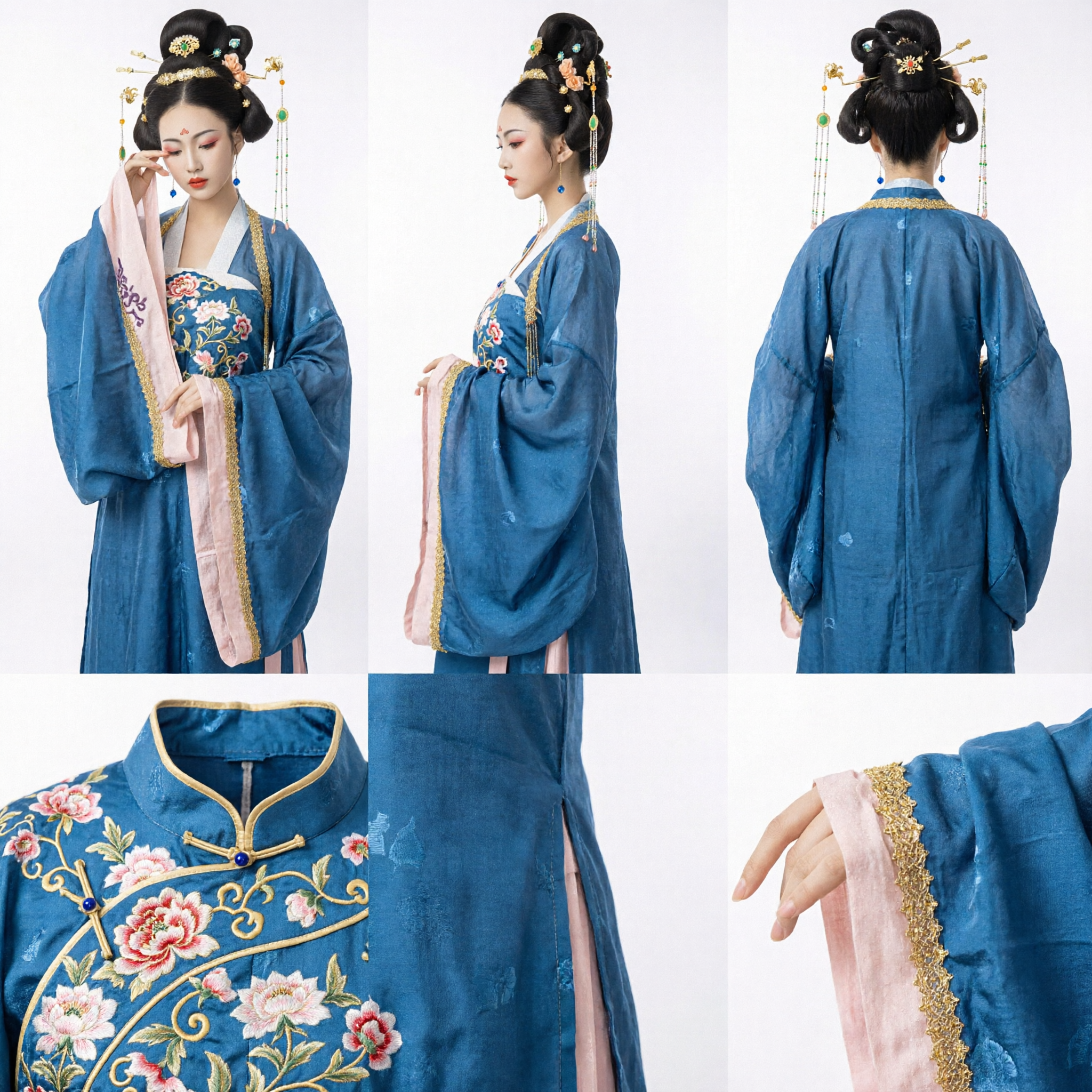Exquisite Tang Dynasty Ancient Chinese Wig with Gold Hairpins and Floral Accessories for Hanfu Performance Cosplay