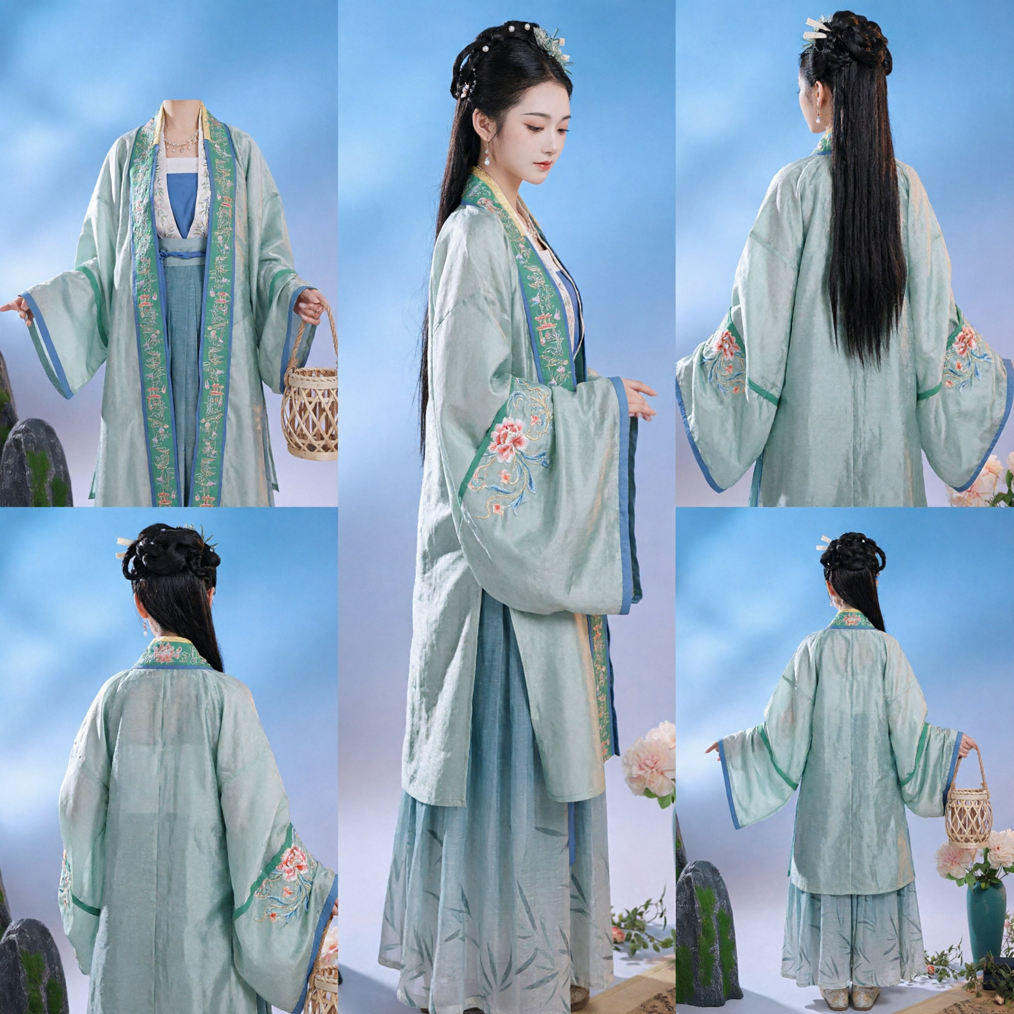 Traditional Chinese Song Dynasty Hanfu Green Embroidered Beizi Robe and Skirt Set Ancient Costume for Women
