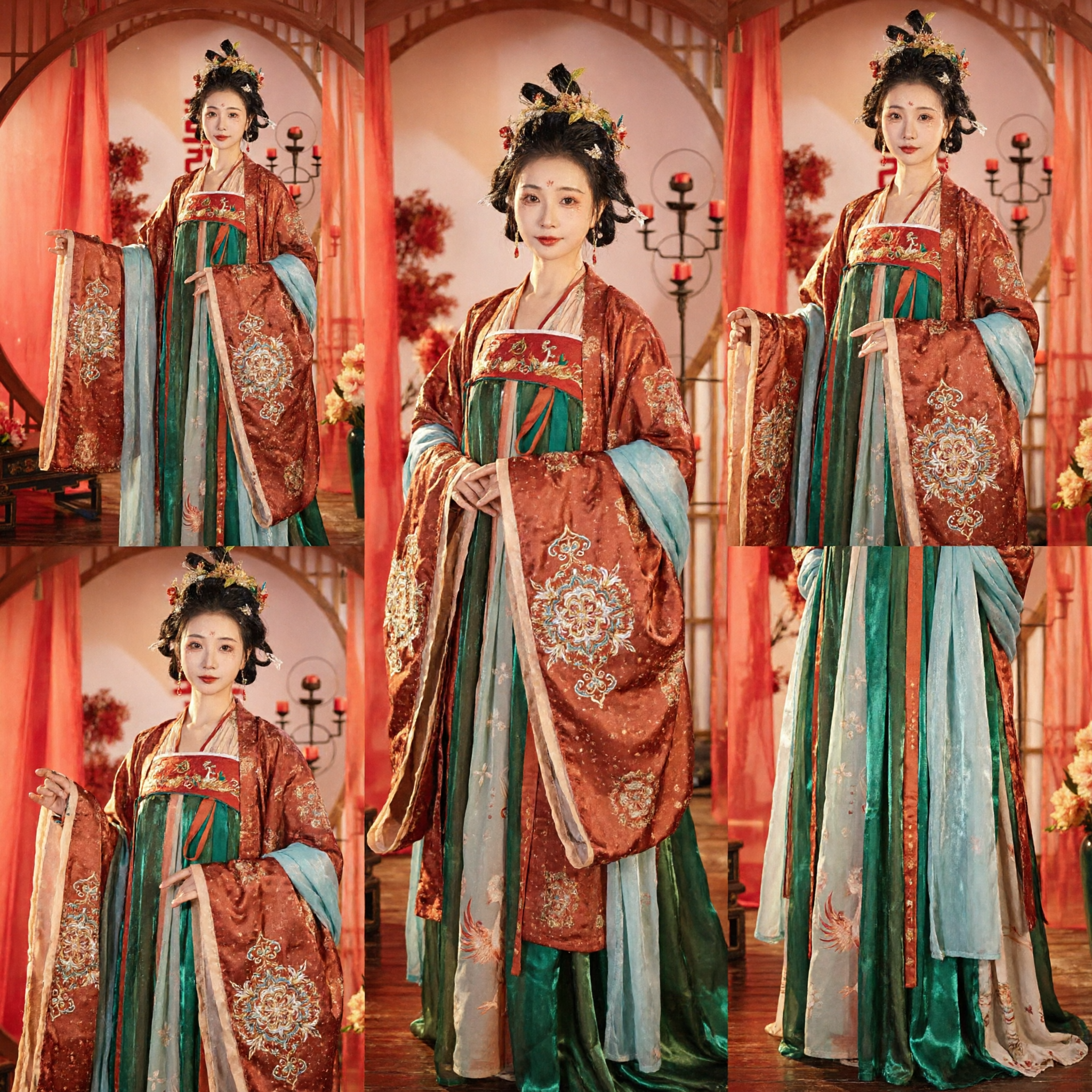 Elegant Tang Dynasty Hanfu Ancient Chinese Traditional Costume for Women Green Skirt Red Top Wedding Dress