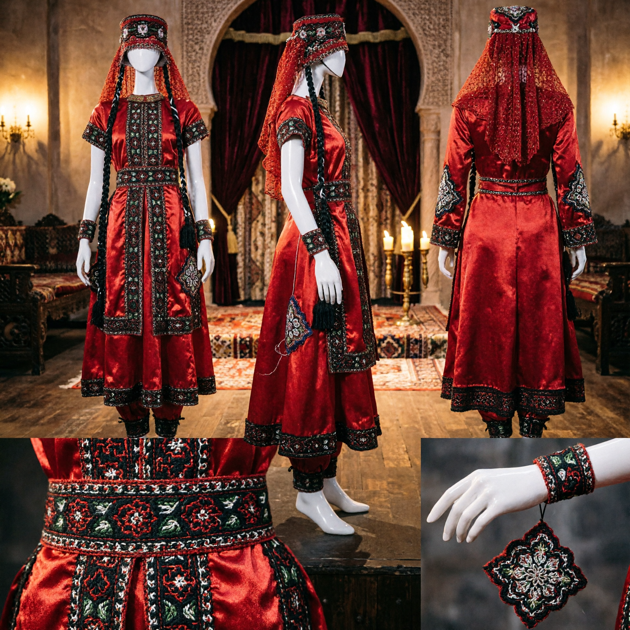 Traditional Uyghur Red Dance Costume Ethnic Folk Dress Complete Set with Headpiece for Women Performance