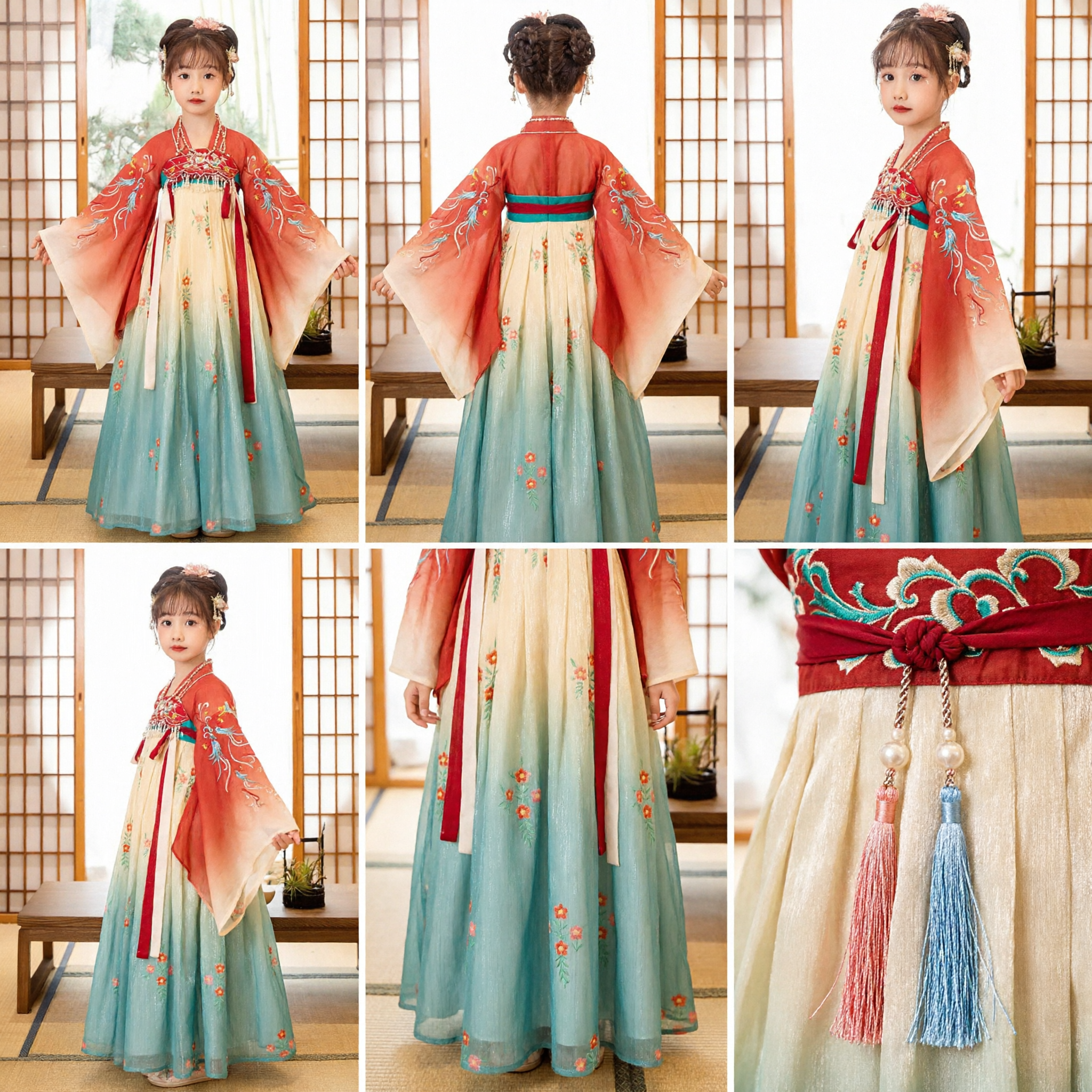 Chinese Traditional Hanfu Dress for Girls Tang Dynasty Princess Costume Embroidered Red Top Blue Gradient Skirt