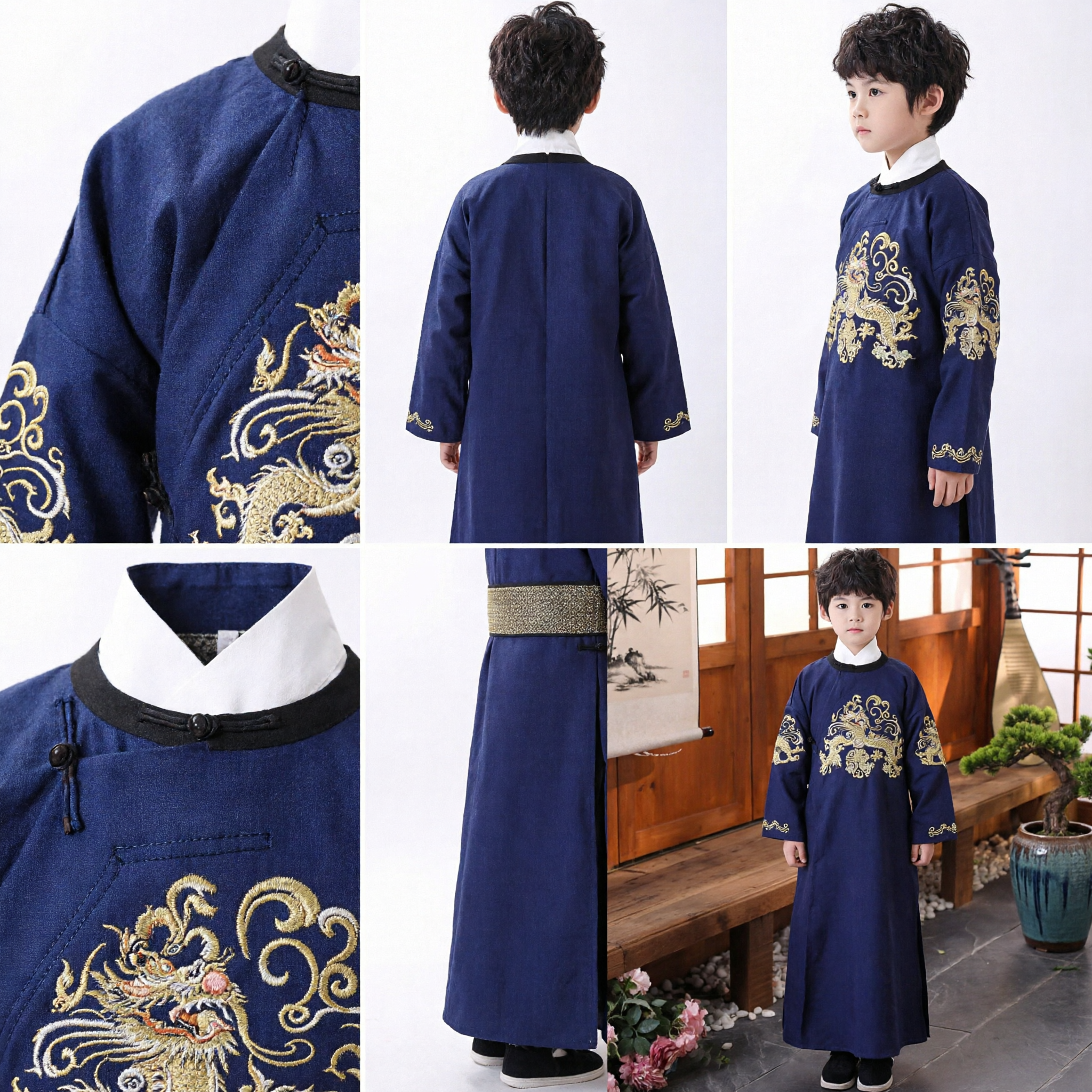 Traditional Chinese Blue Tang Suit Embroidered Dragon Robe Kids Hanfu Costume for Boys
