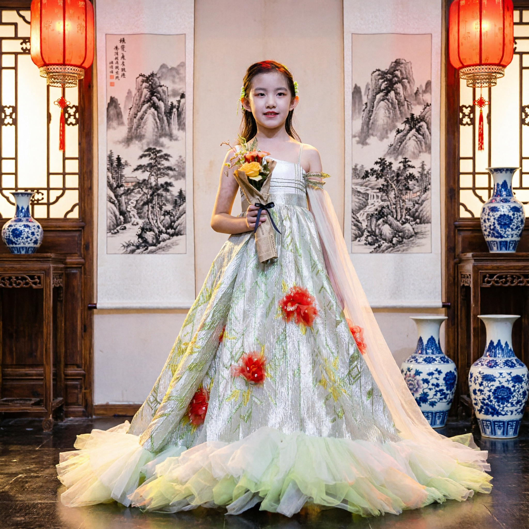 Elegant Girls Floral Embroidery Ball Gown Stage Performance Costume Kids Formal Flower Girl Dress