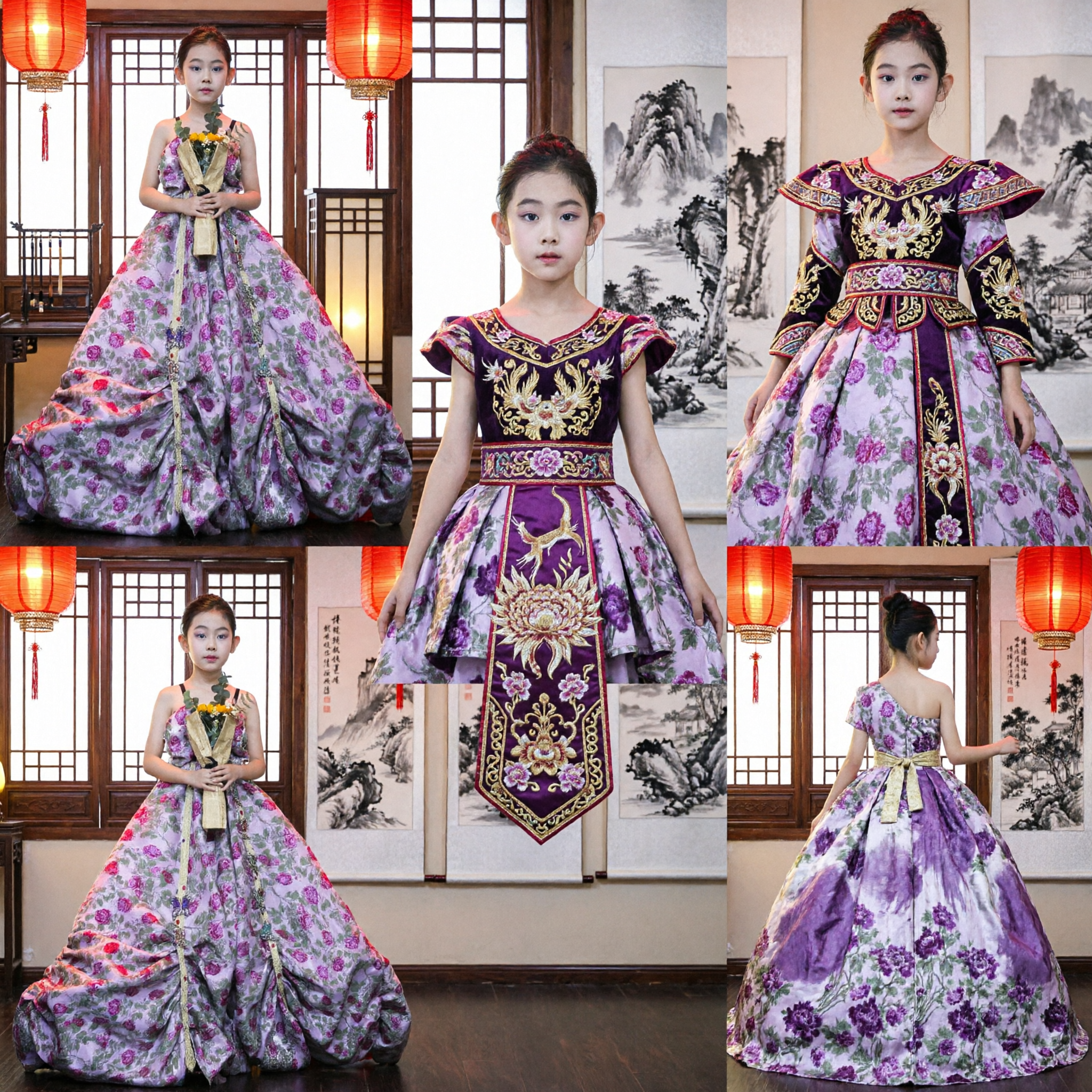 Purple Floral Print Ballgown for Girls Kids Pageant Wedding Flower Girl Formal Stage Performance Dress