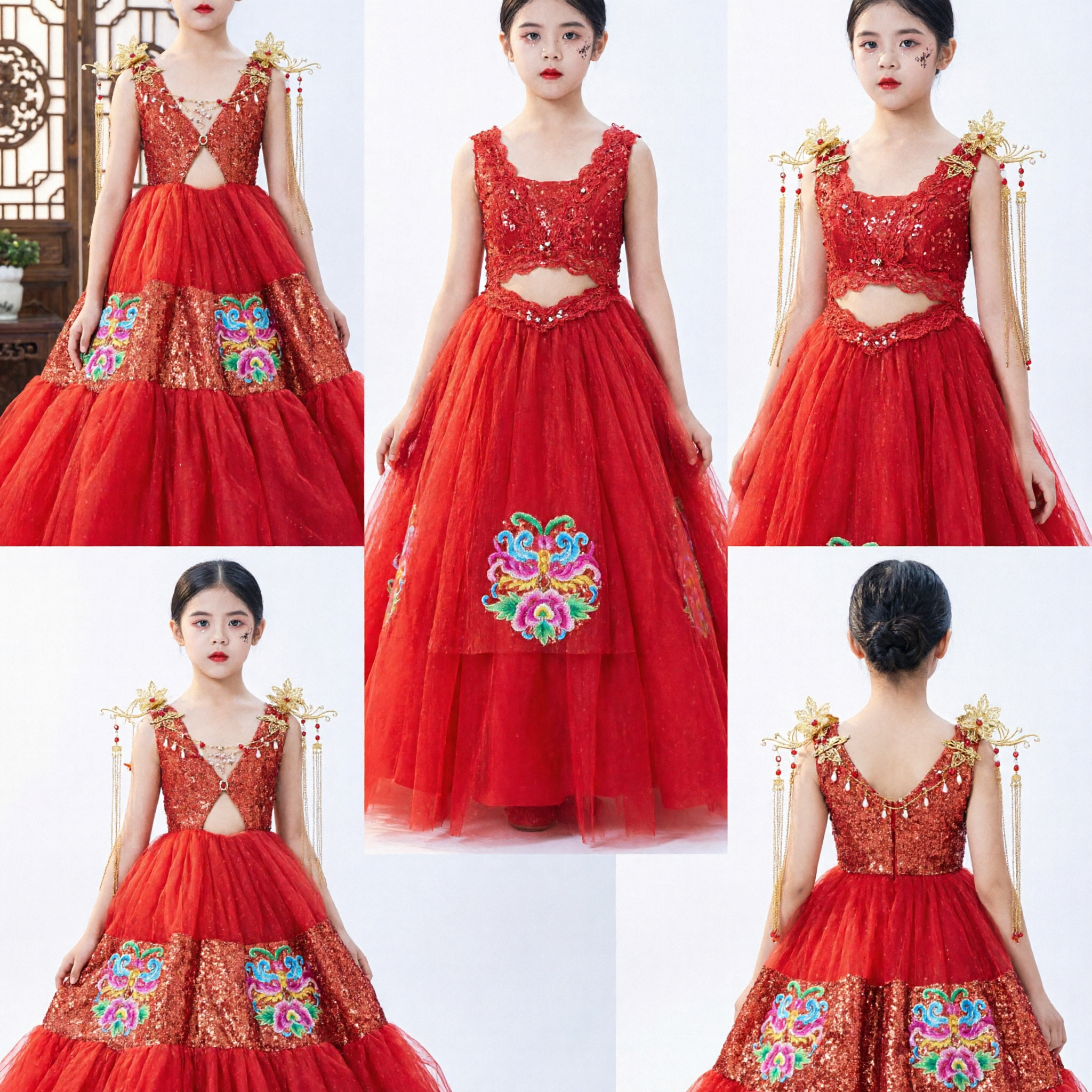 Kids Red Chinese Style Performance Dress Sequin Embroidered Evening Gown Stage Host Costume for Girls