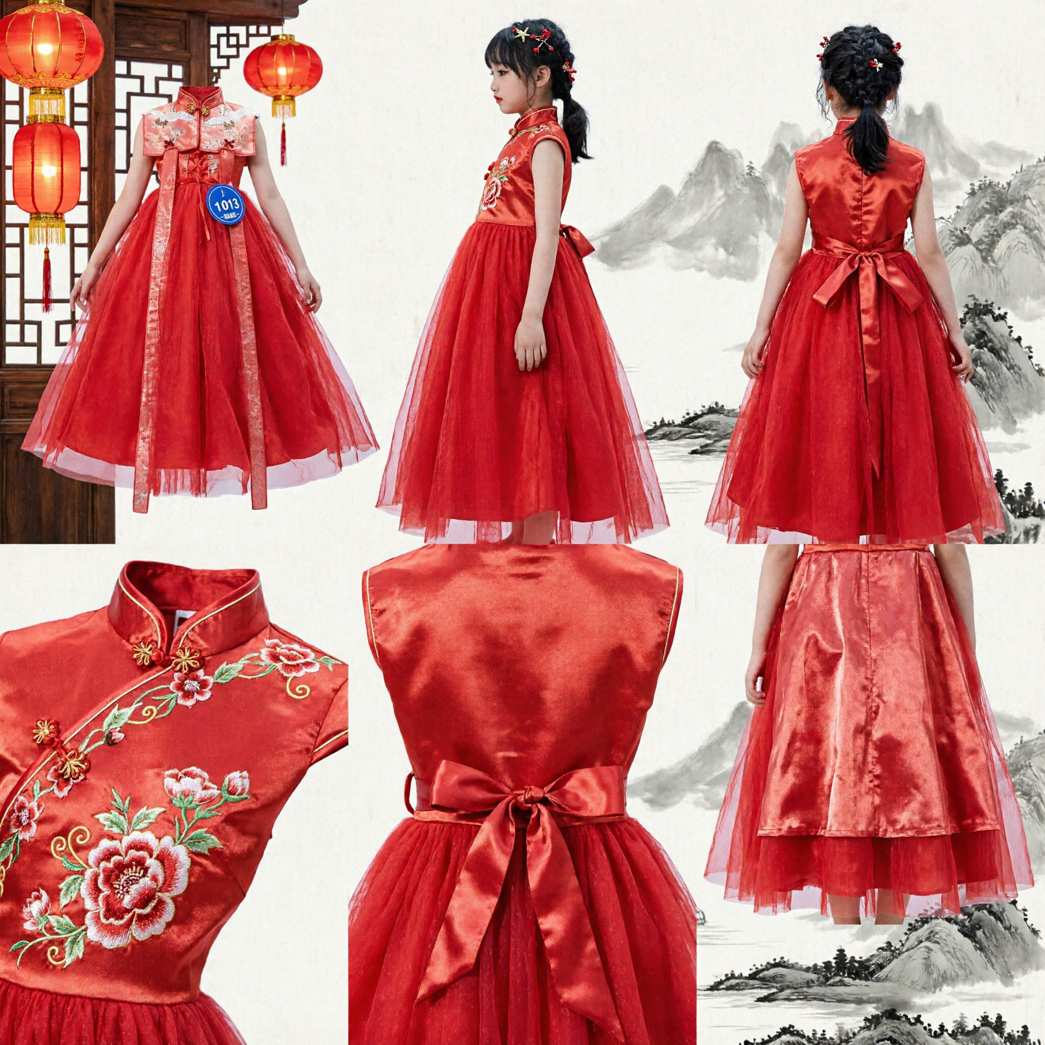 Kids Girls Red Chinese Traditional Qipao Dress Floral Bodice Tulle Skirt Stage Performance Pageant Costume