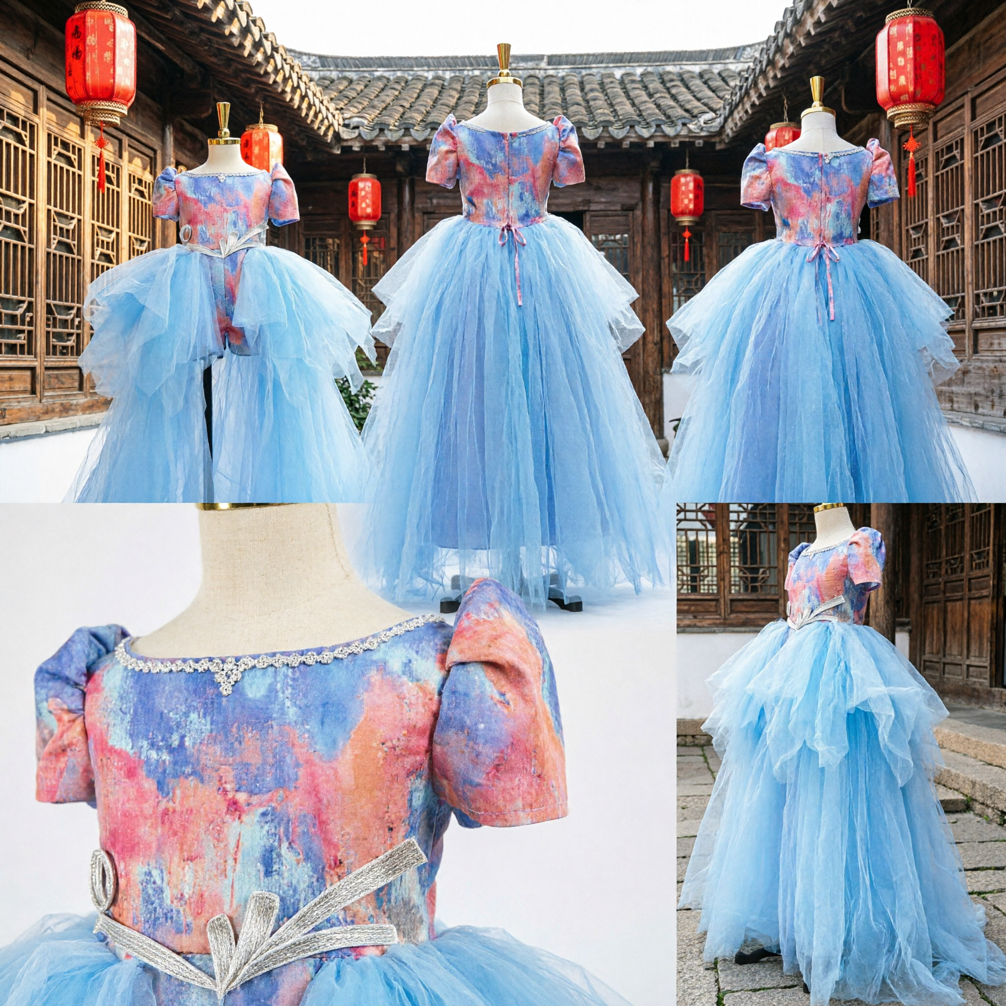 Girls Fantasy Princess Dress Blue Tulle High-Low Skirt Colorful Bodice for Stage Performance Halloween