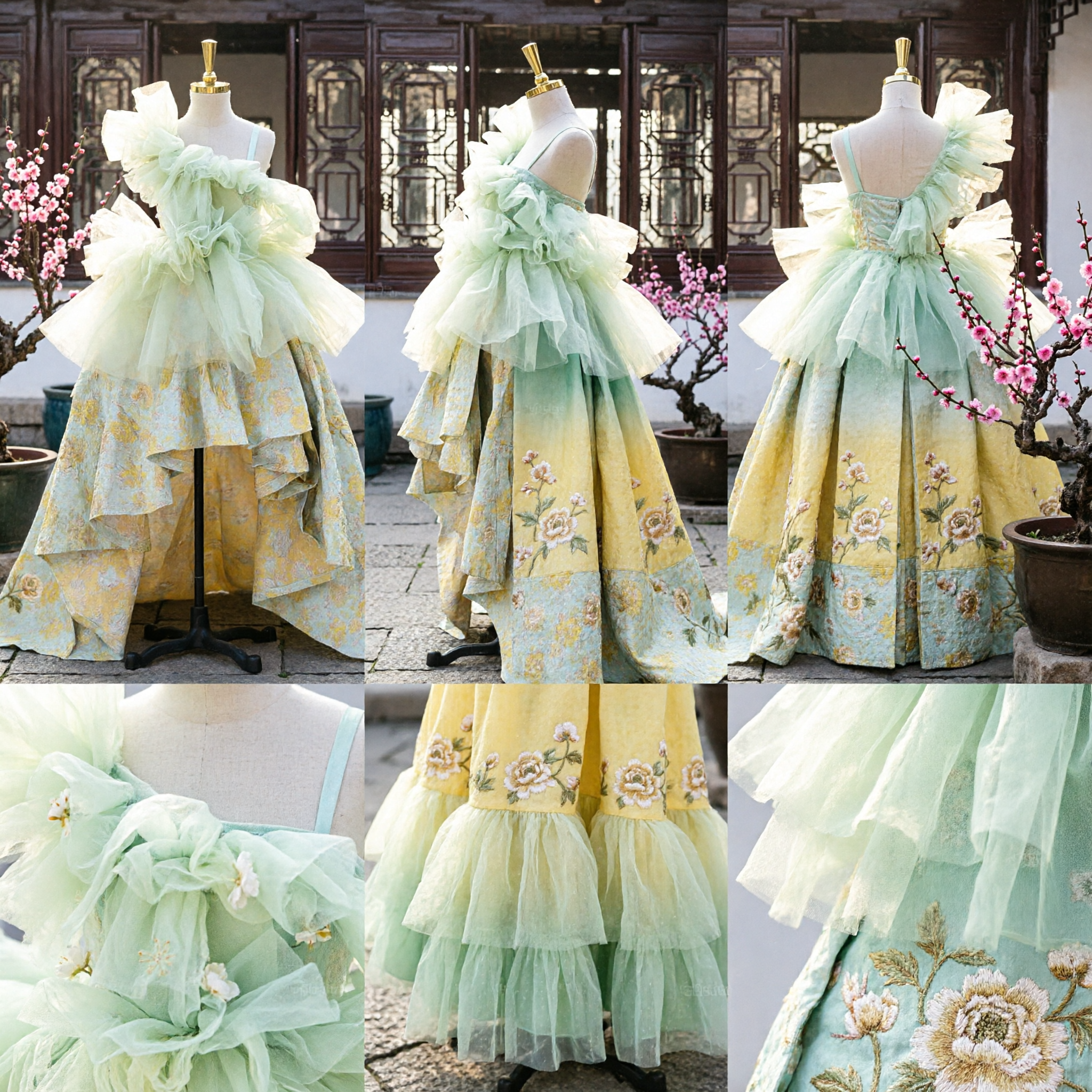 Elegant Pale Green Ruffled Tulle and Yellow Floral Print Long Gown Stage Performance Dance Costume for Women