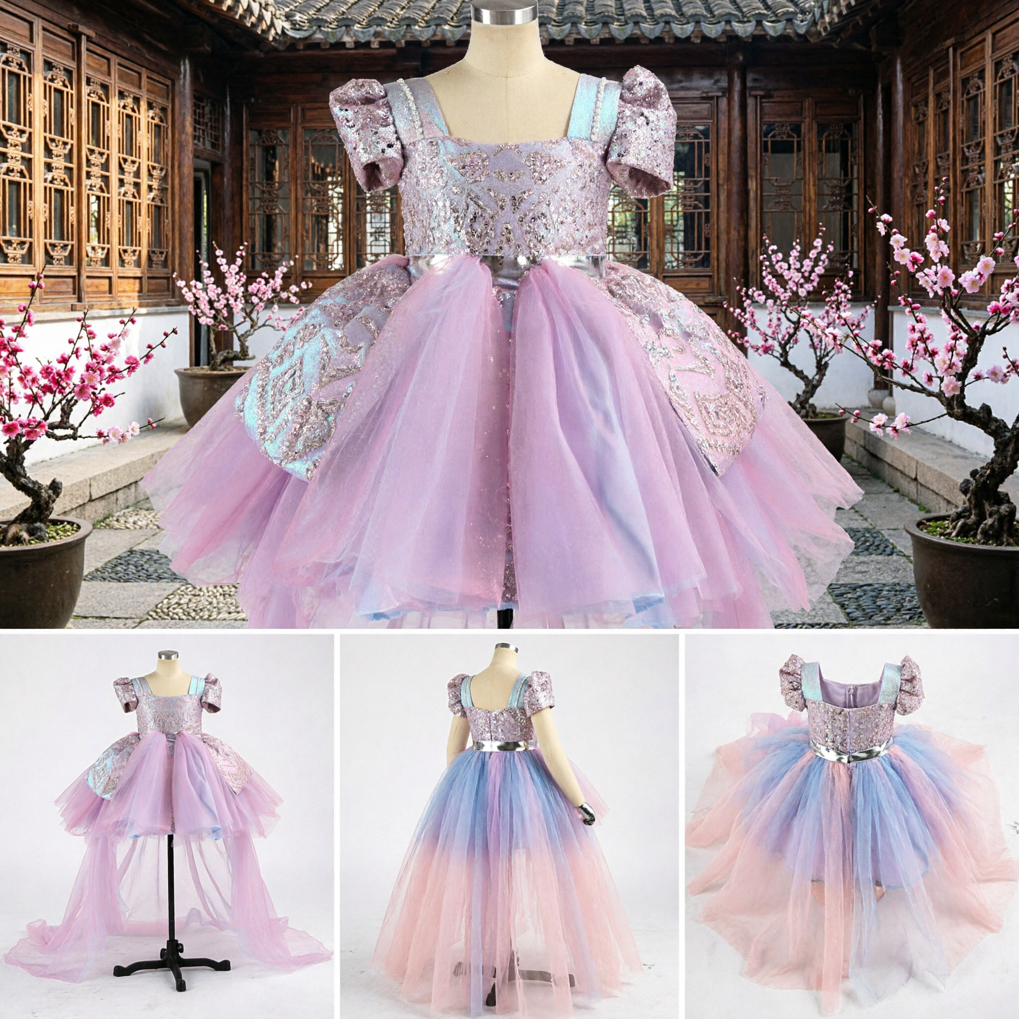 Girls Princess Ball Gown Pink Blue Sequin Tulle Dress for Pageant Prom Party Flower Girl