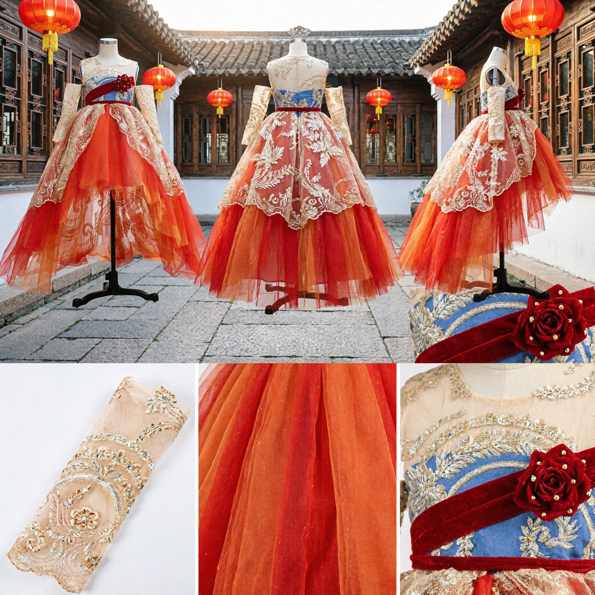 Girls Luxury Red and Gold Embroidered Traditional Chinese Costume Ballgown for Stage Performance