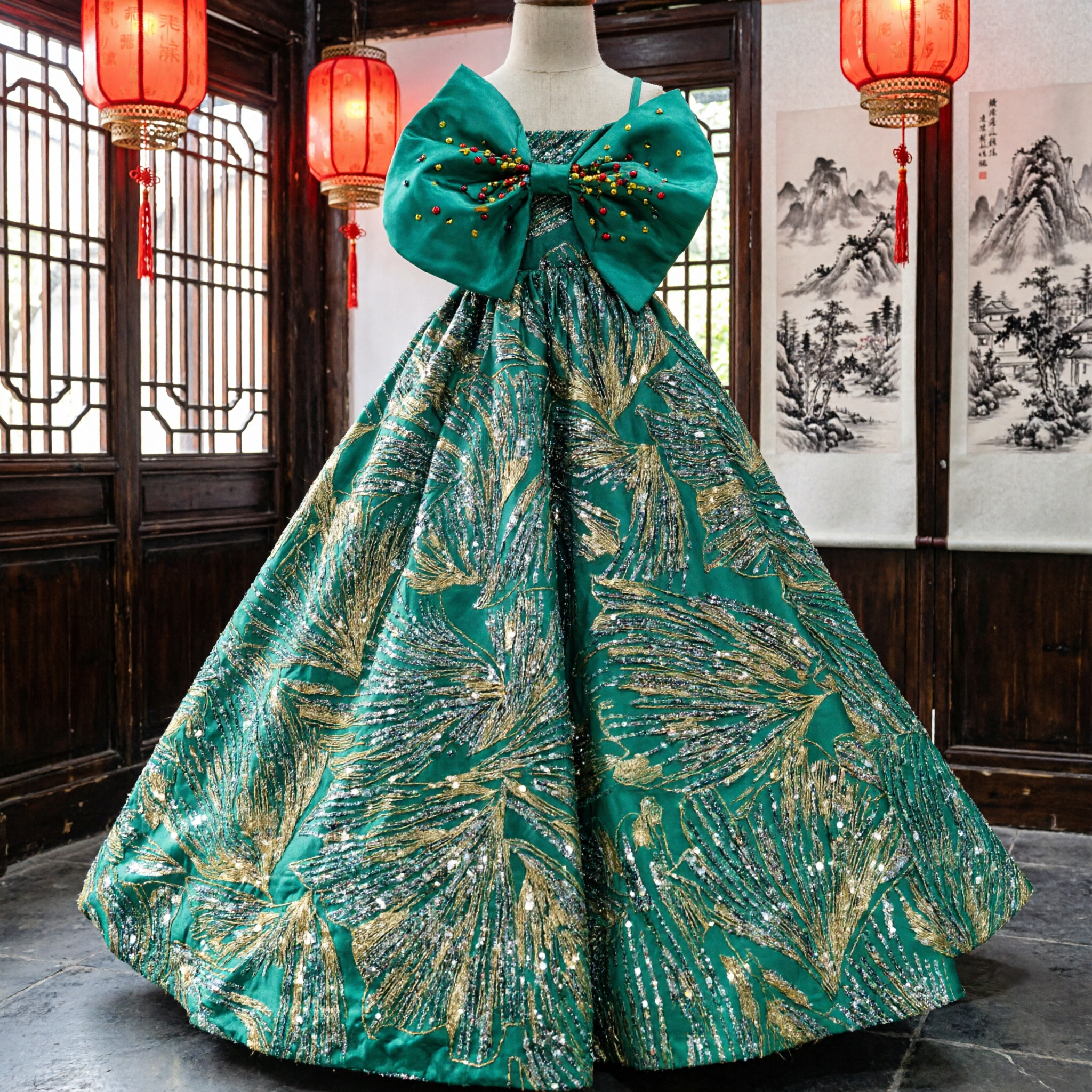 Emerald Green Sequin Leaf Pattern Ballgown with Giant Bow for Kids Pageant Flower Girl Formal Wear