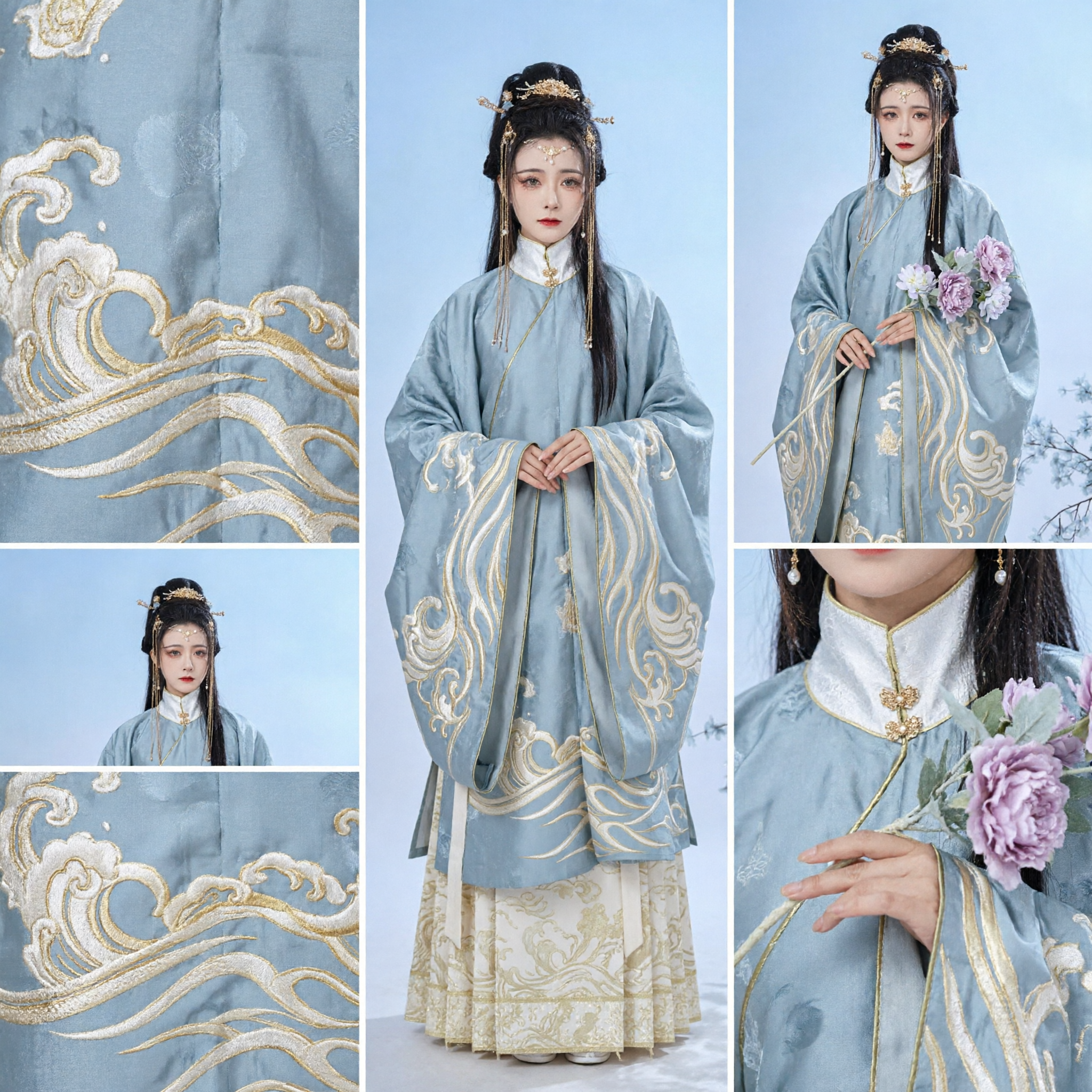 Elegant Blue Ming Dynasty Hanfu Set with Gold Cloud Embroidery Traditional Chinese Costume for Women