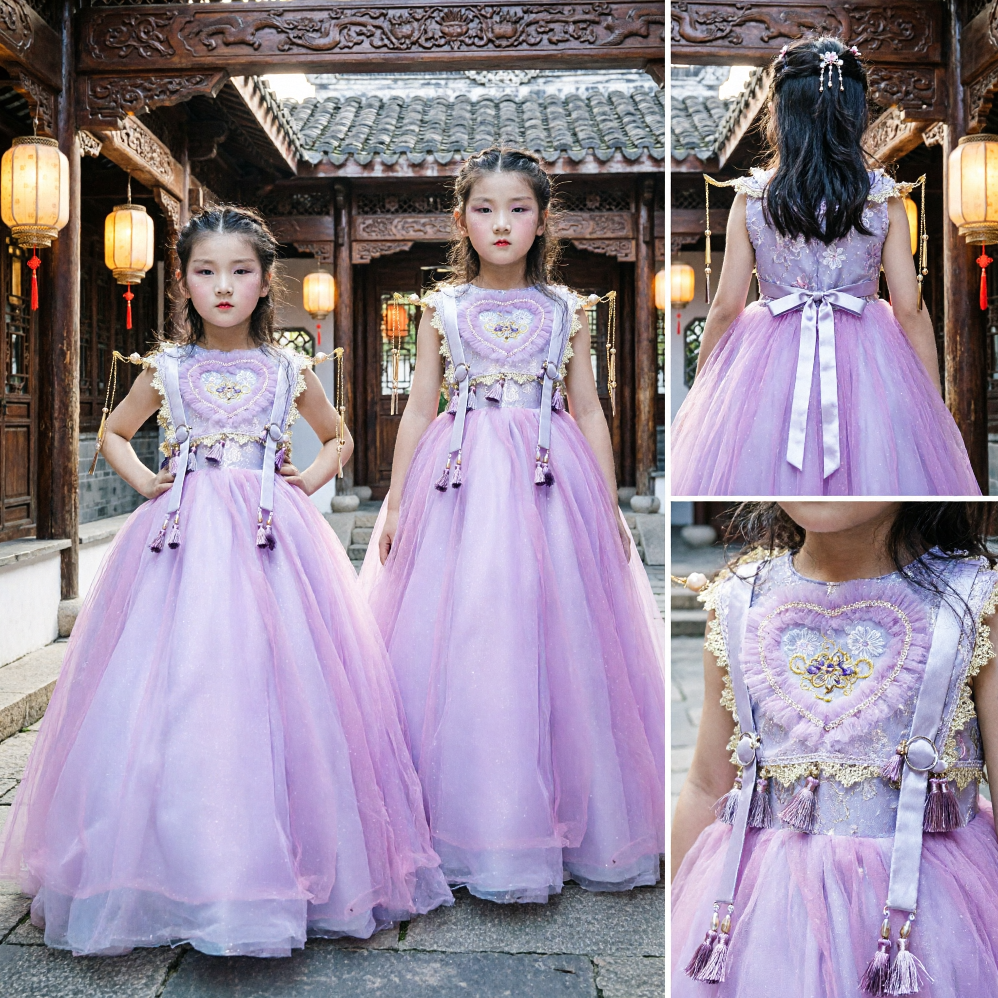 Kids Girls Embroidered Traditional Chinese Style Dress Pink Purple Tulle Gown for Stage Performance Pageant