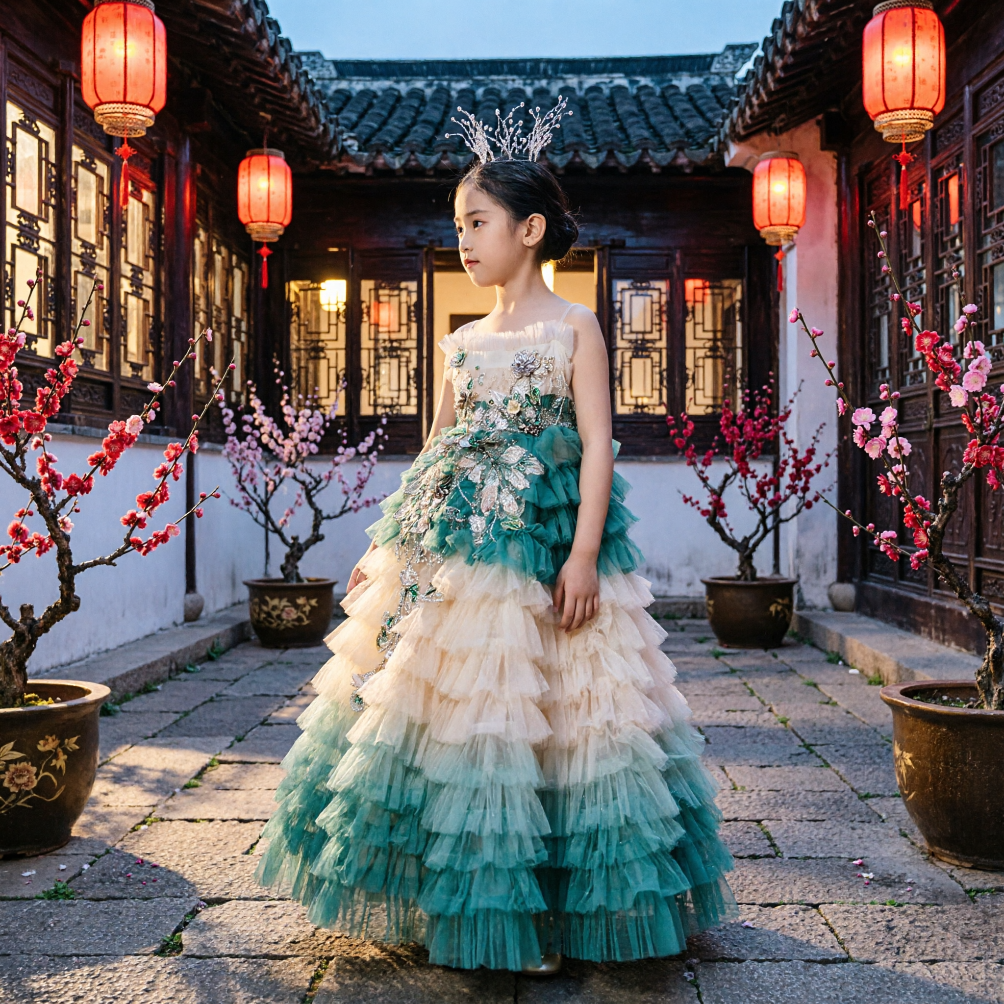 Luxury Girls Princess Gown with Teal Ruffles and Crystal Floral Embroidery for Stage Performance and Pageant