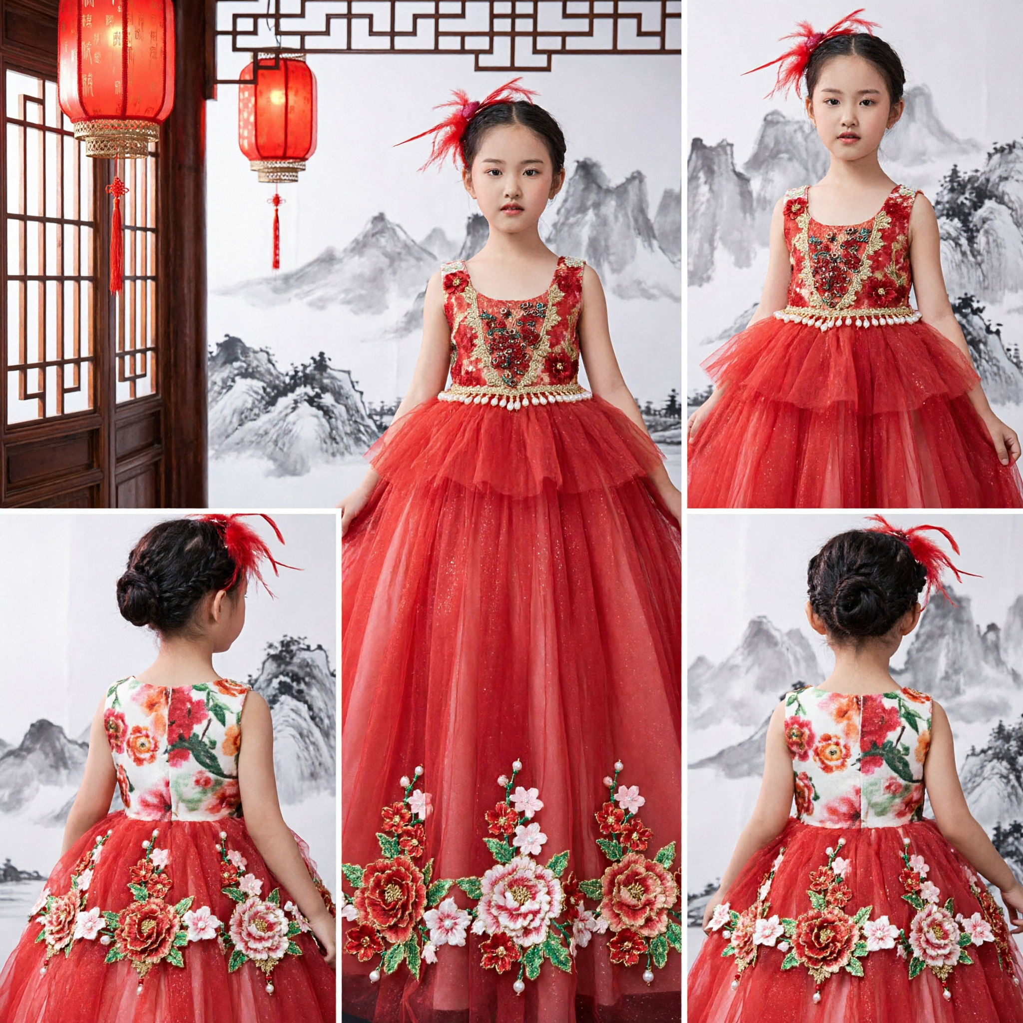 Girls Red Gold Embroidered Tulle Ballgown for Stage Performance Hosting Dance and Formal Occasions