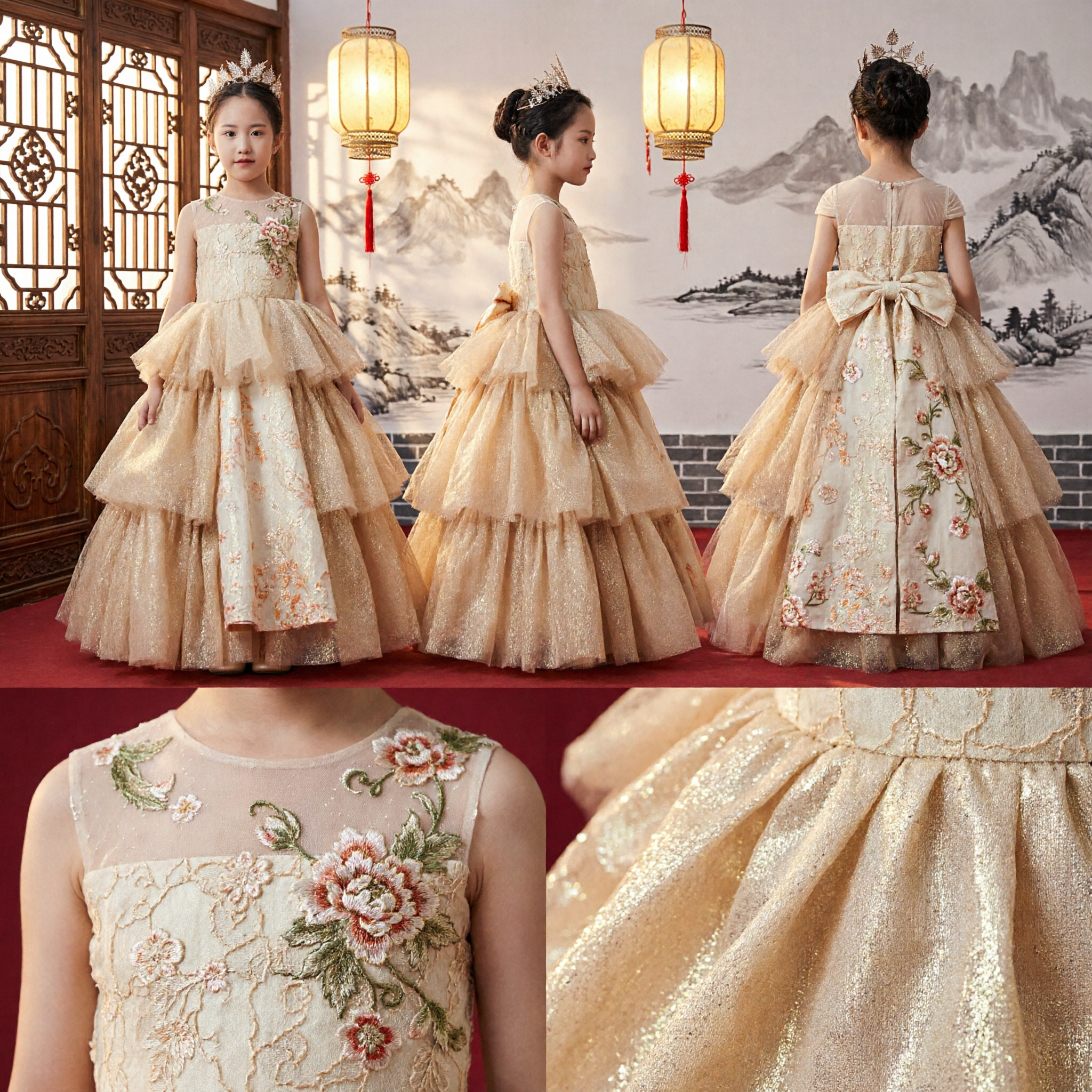 Girls Champagne Gold Tiered Princess Ball Gown for Wedding Pageant Stage Performance Host Dress