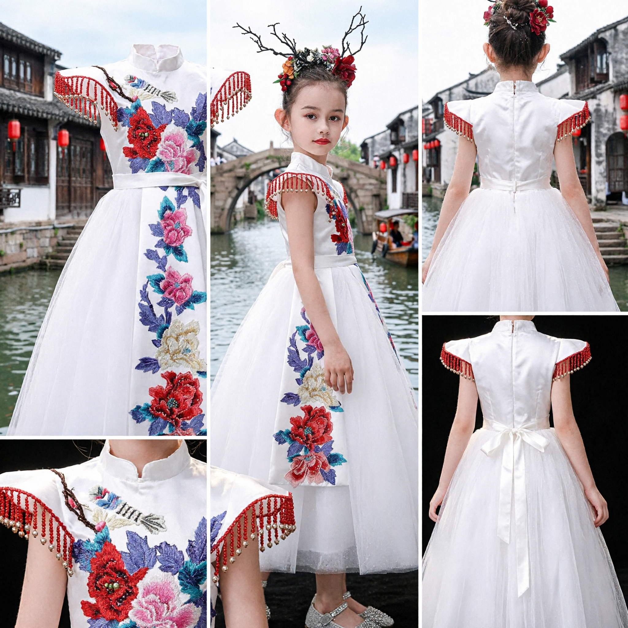 Traditional Chinese White Cheongsam Dress for Girls Floral Embroidery Tulle Skirt Stage Performance Host Outfit