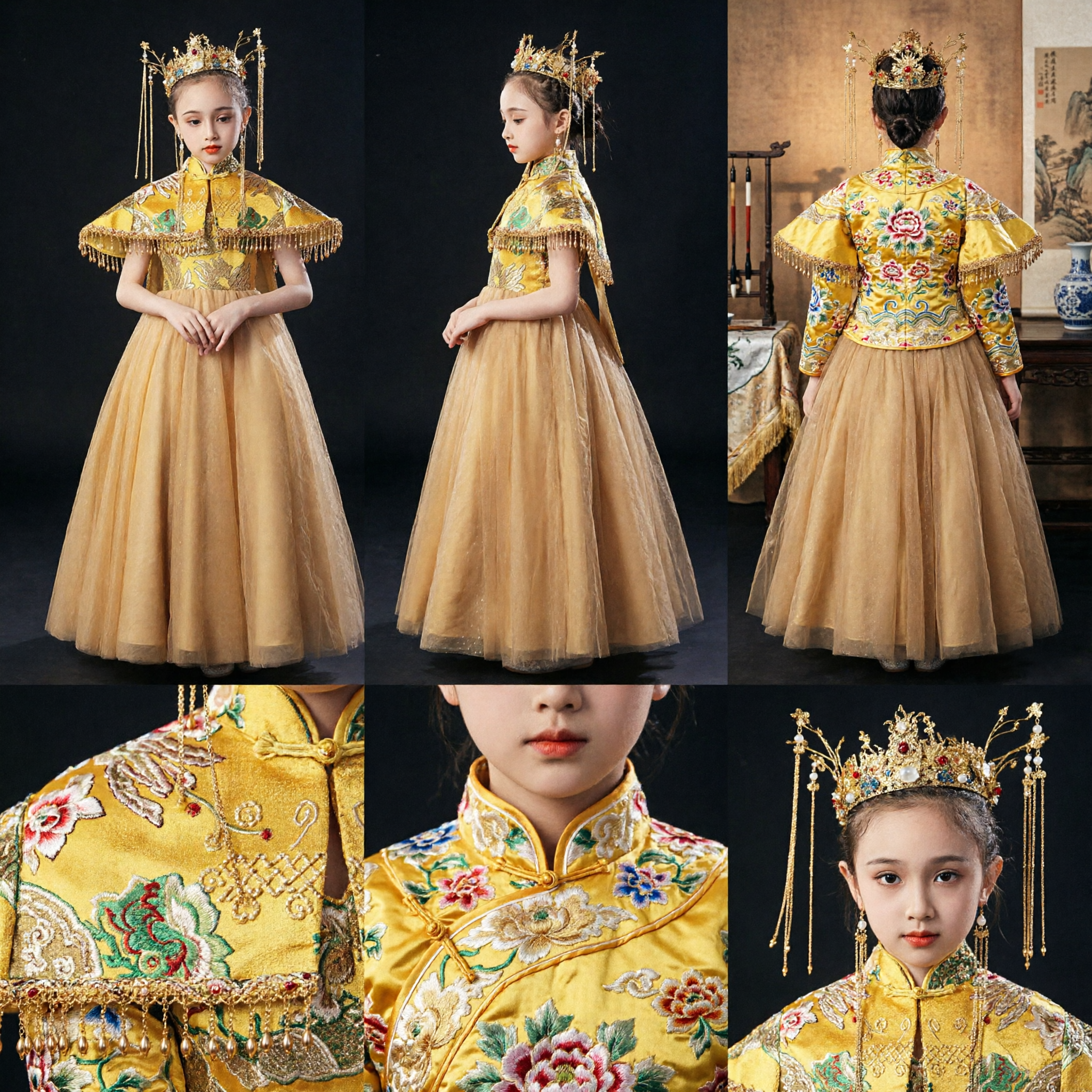 Kids Chinese Traditional Empress Costume Yellow Ancient Palace Princess Dress with Crown for Girls Stage Performance