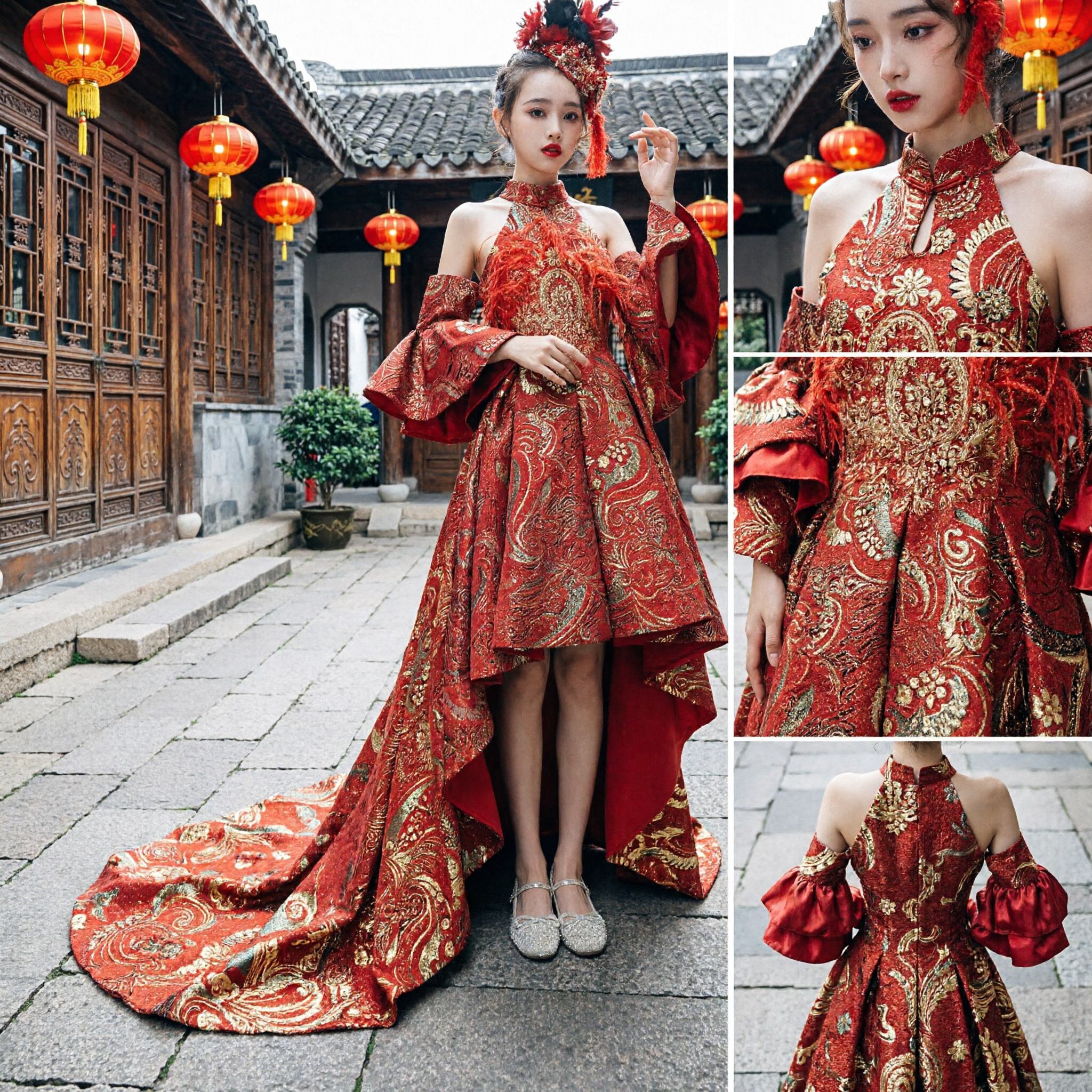 Red Chinese Traditional Wedding Flower Girl Dress Gold Embroidery Evening Gown for Kids Stage Performance Host Costume
