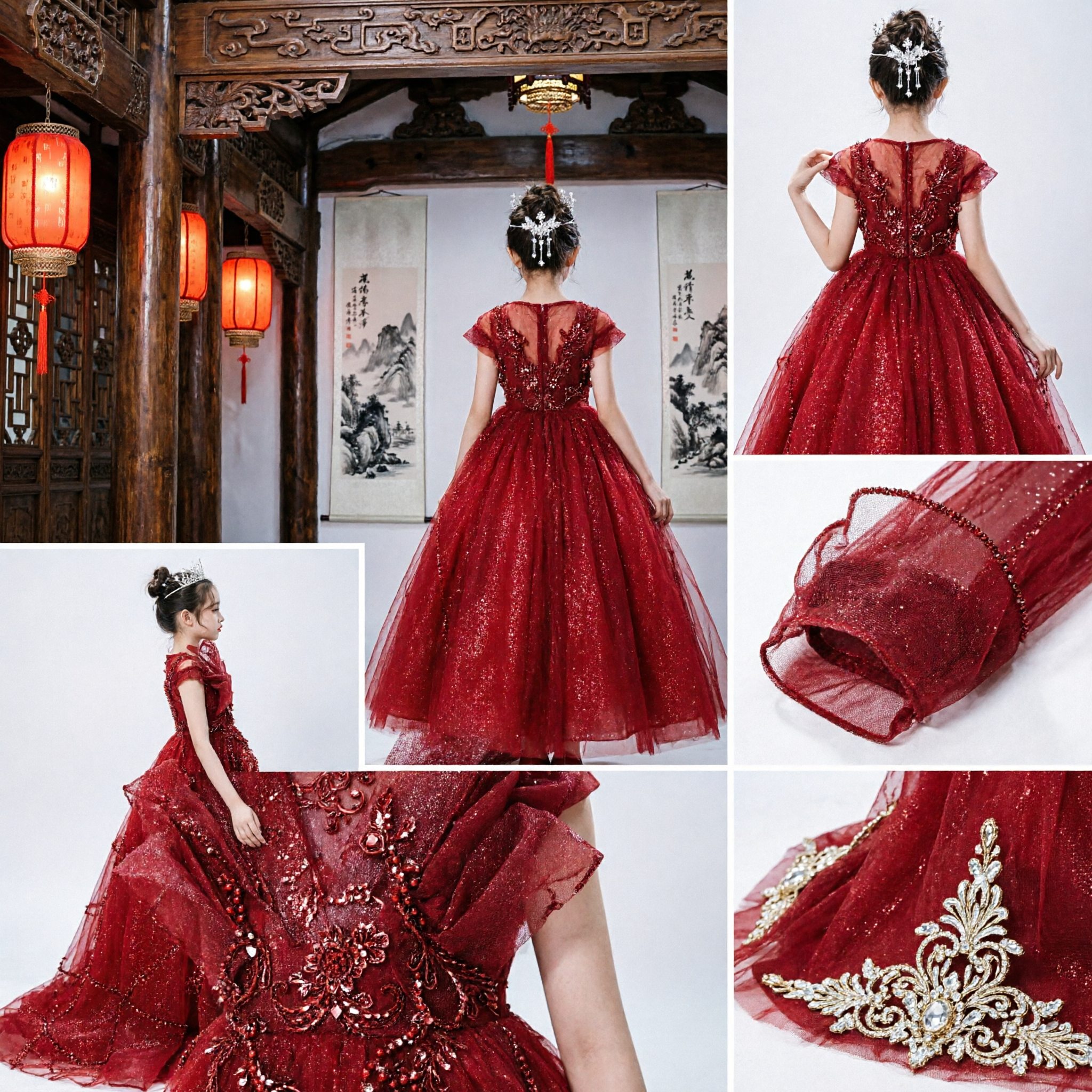 Elegant Red Sequin Long Dress for Kids Girls Formal Wedding Party Pageant Princess Gown