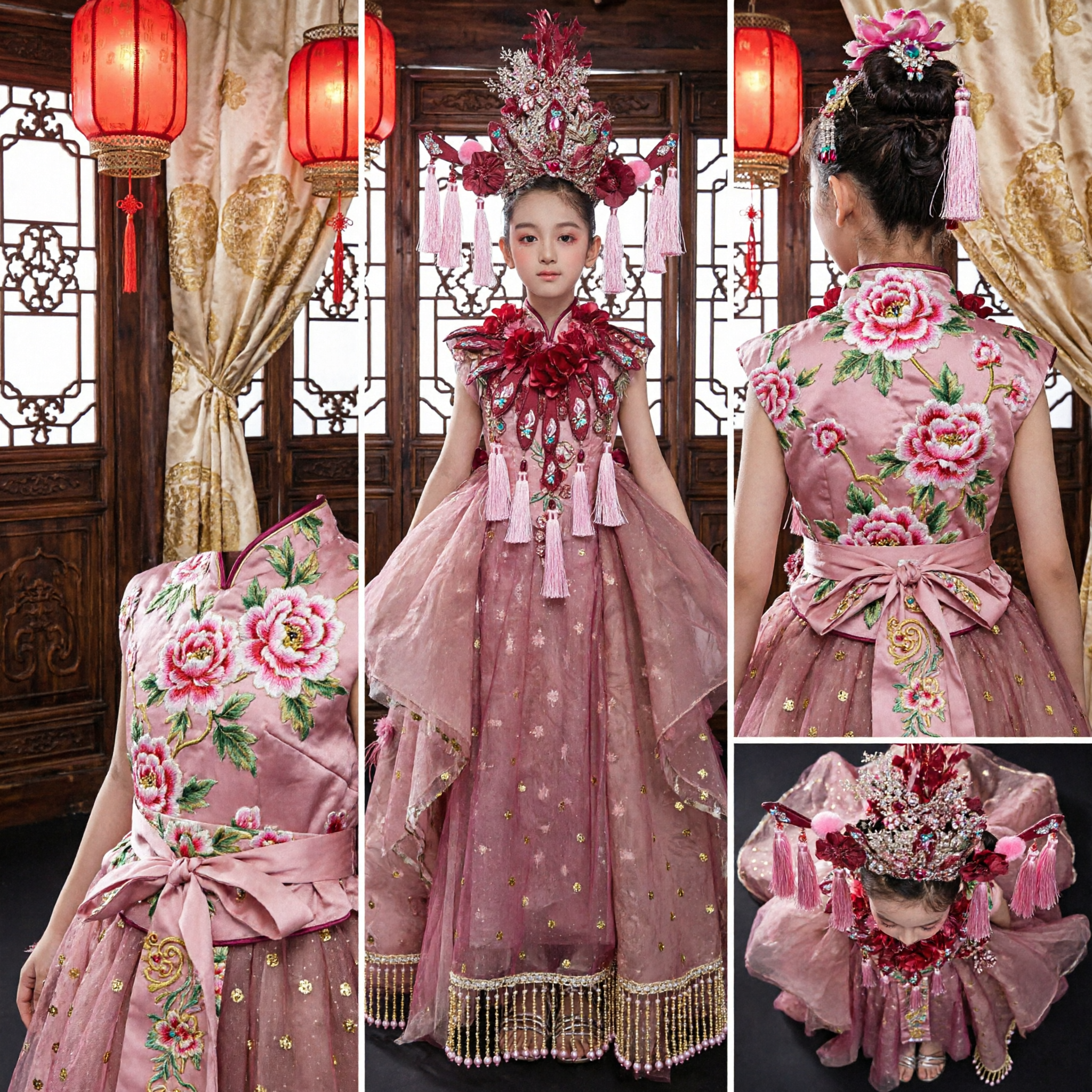 Kids Traditional Chinese Dance Costume Pink Ancient Princess Dress with Headdress for Girls Stage Performance