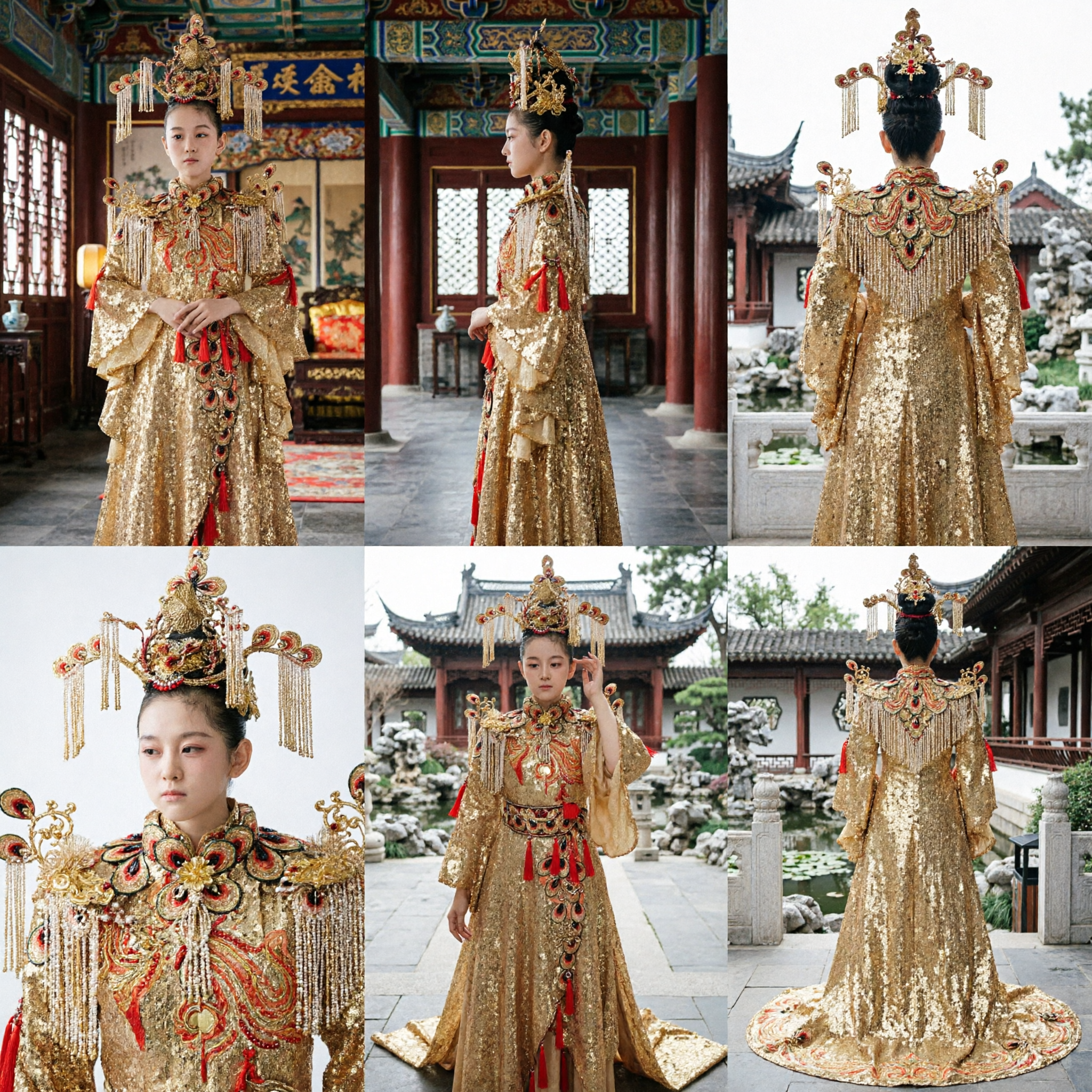 Traditional Chinese Ancient Empress Costume for Girls Gold Sequin Princess Dress with Headdress for Stage Performance