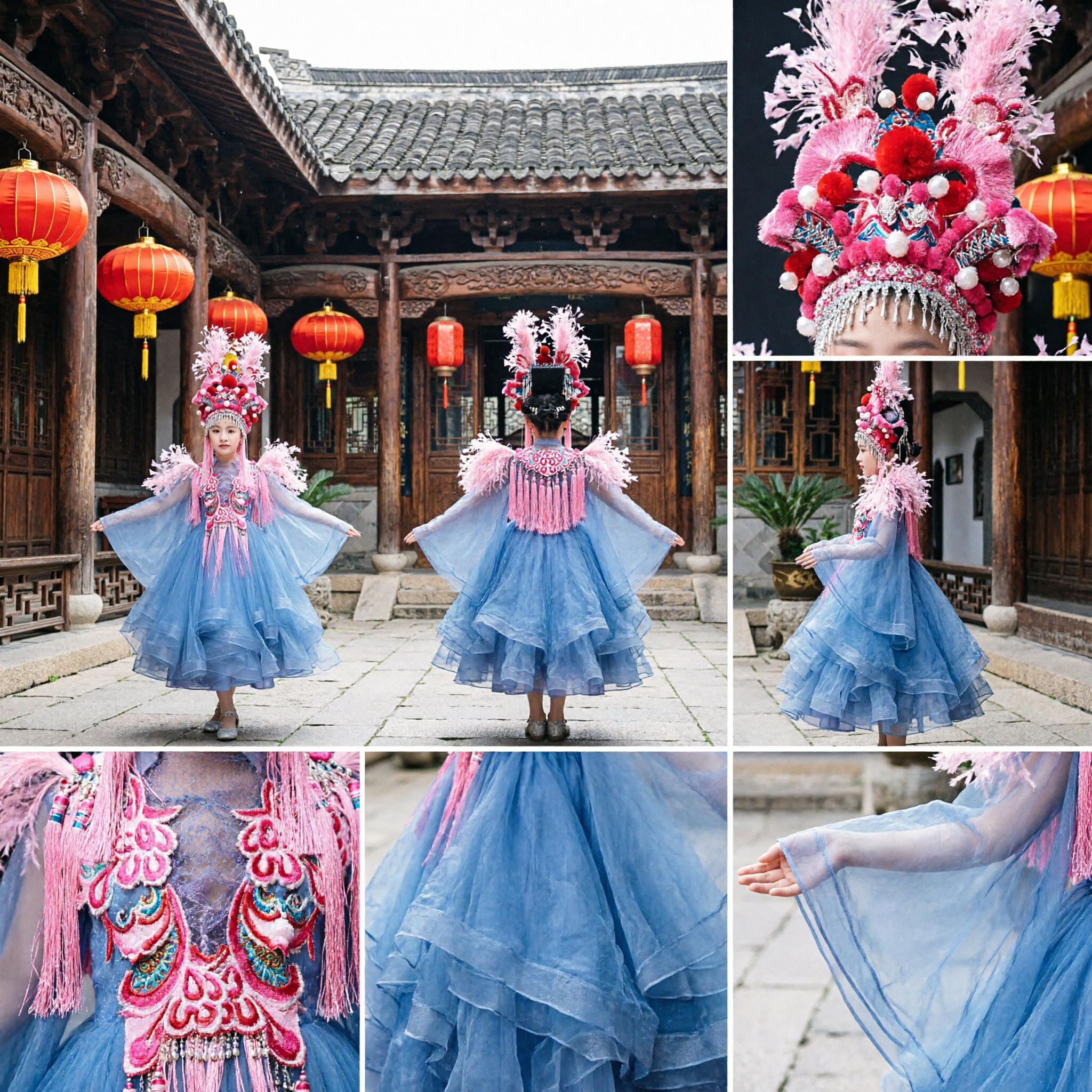 Traditional Chinese Peking Opera Costume for Kids Girls Blue Stage Performance Dress with Elaborate Headdress