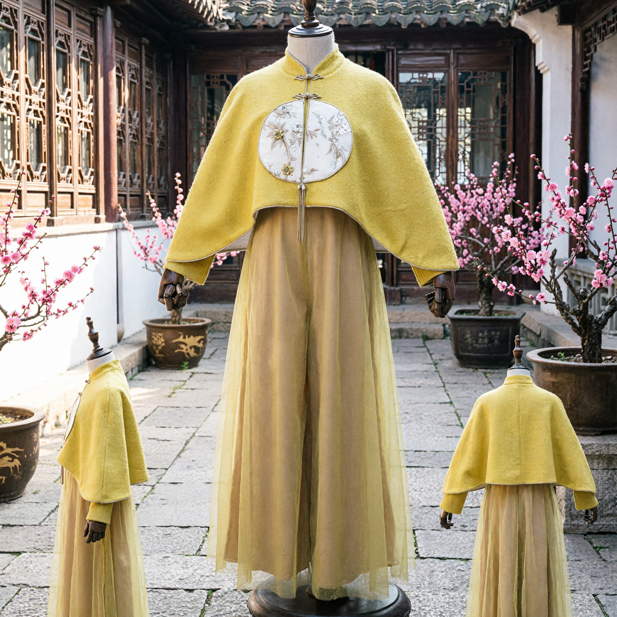 Traditional Chinese Hanfu Ming Dynasty Yellow Embroidered Cape Cloak and Sheer Wide Leg Pants Costume for Women