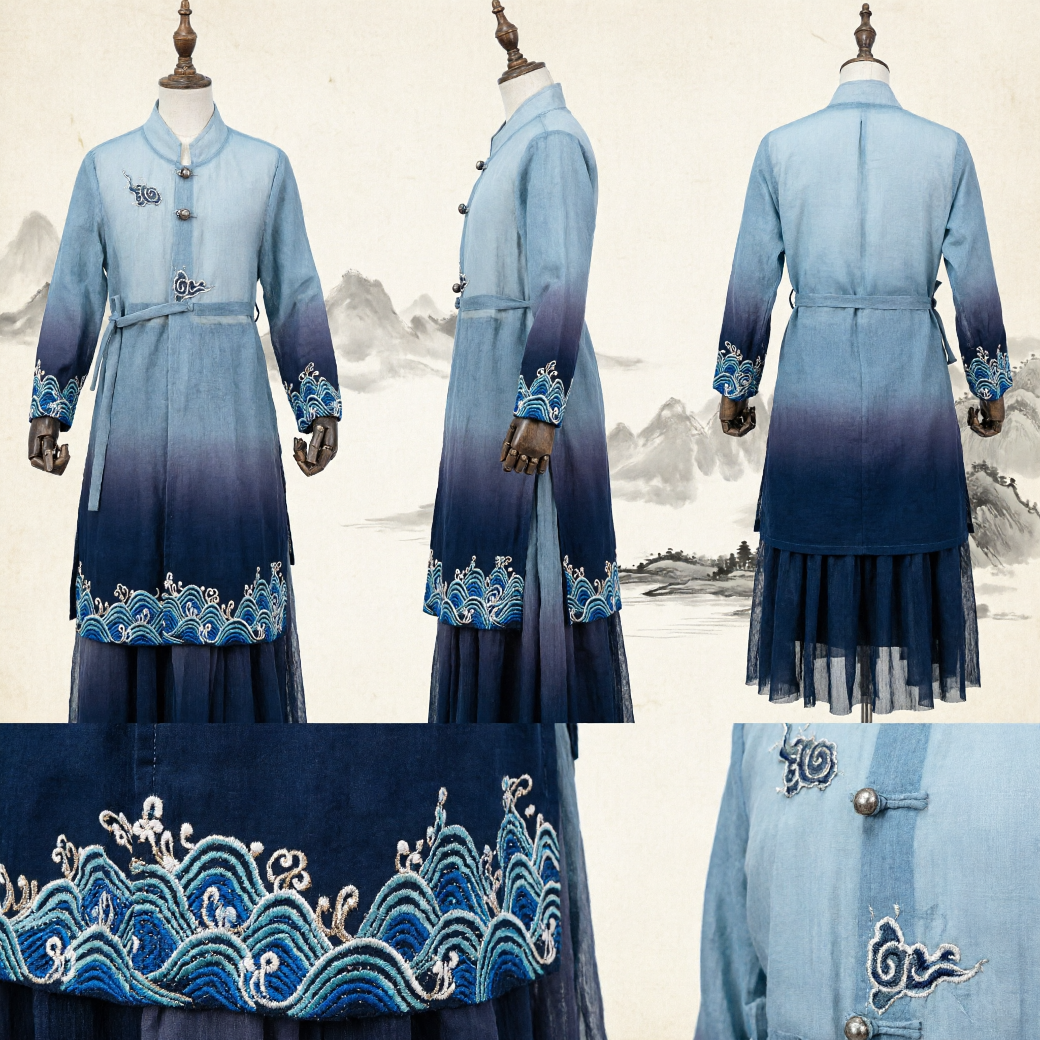 Men's Traditional Chinese Hanfu Ancient Scholar Robe Blue Gradient Wuxia Swordsman Embroidery Costume Outfit