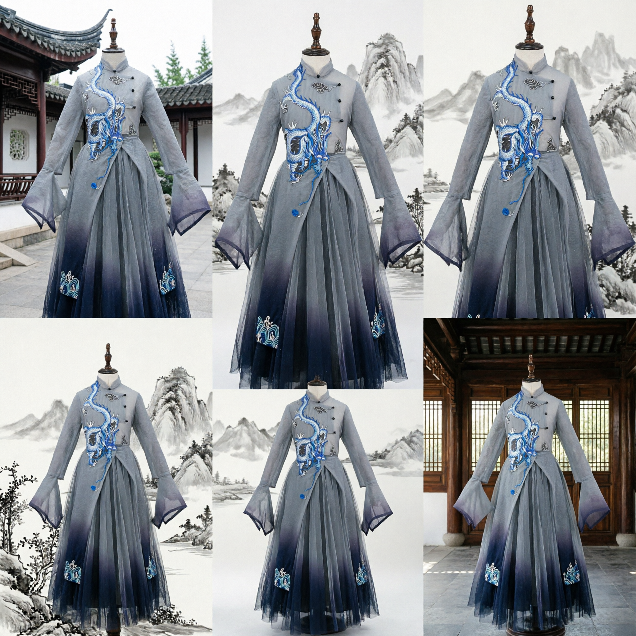 Men's Chinese Traditional Hanfu Ancient Swordsman Costume Blue Gradient Dragon Embroidery Robe Wuxia Cosplay Outfit
