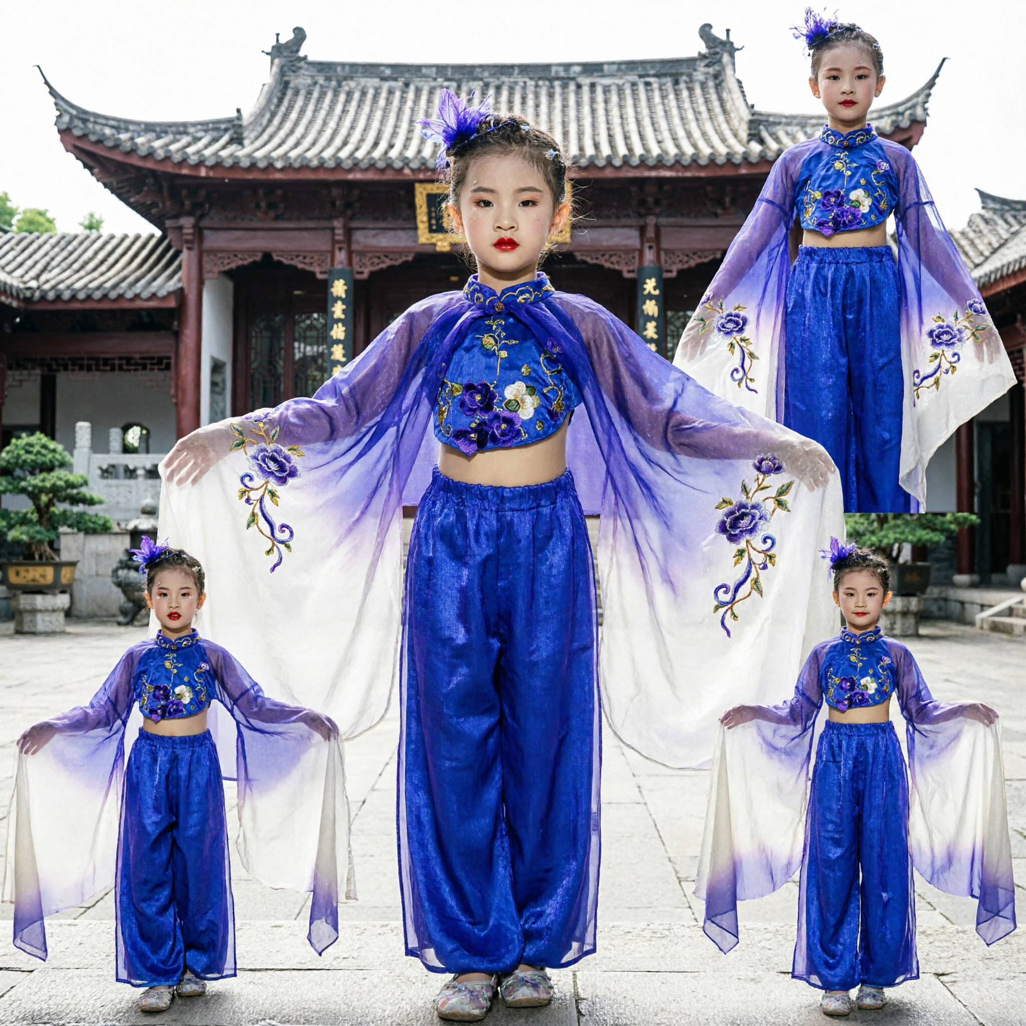 Girls Blue Chinese Folk Dance Costume with Gradient Cape and Embroidered Top Stage Performance Outfit