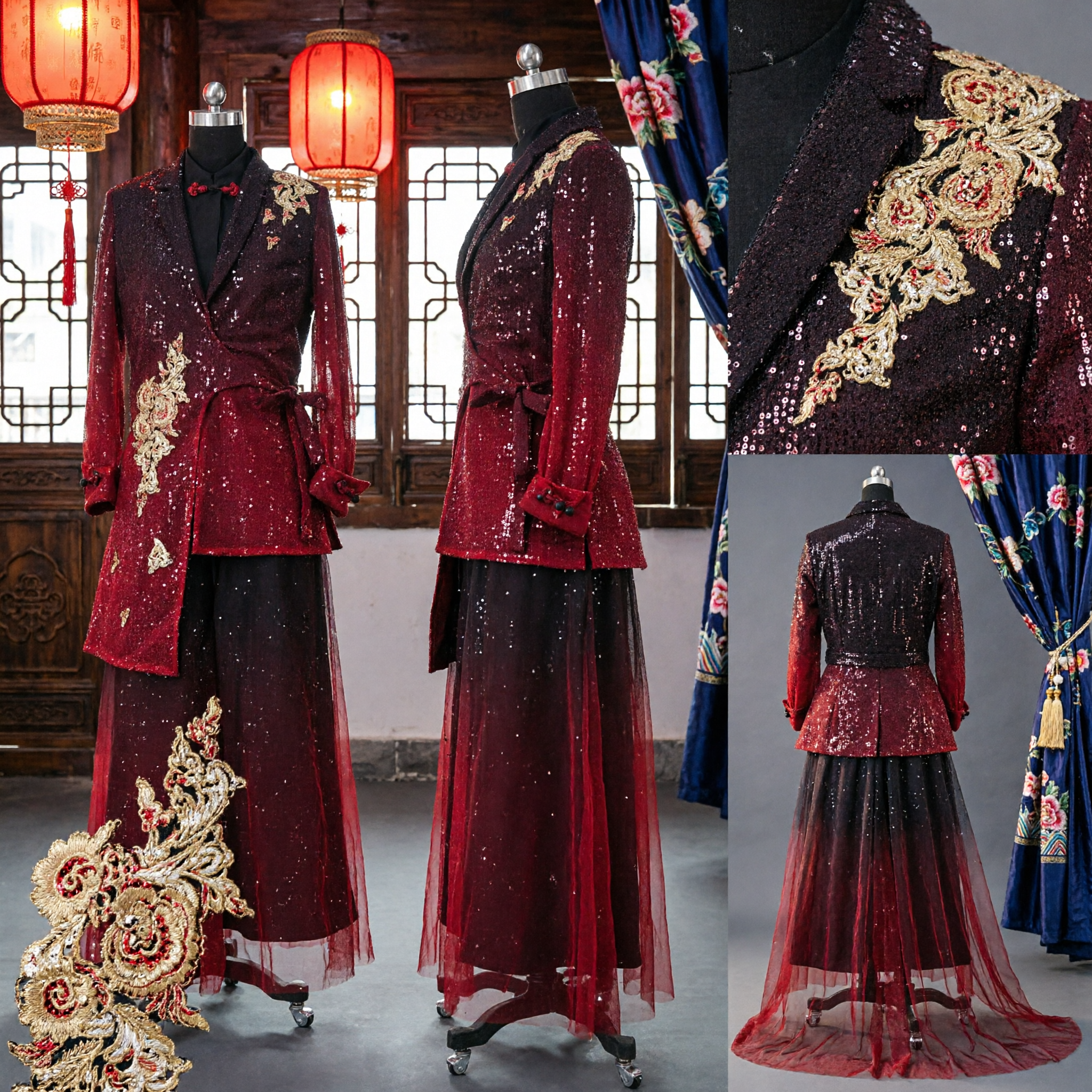 Men's Red Velvet Embroidered Traditional Chinese Suit Wedding Groom Costume Stage Performance Singing Outfit