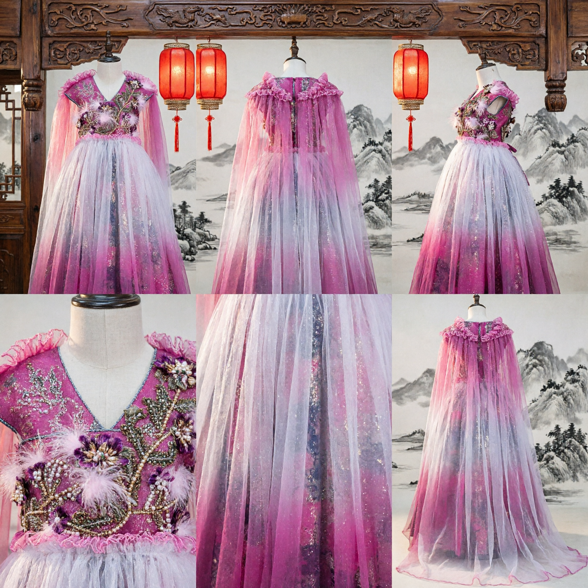 Elegant Pink Ombre Embroidered Cape Dress with Feathers Traditional Chinese Costume for Women Stage Performance