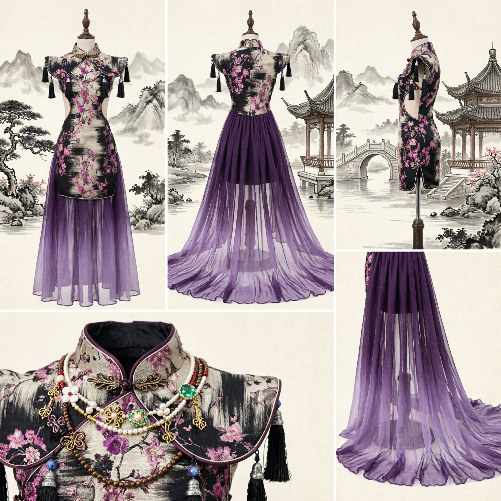 Elegant Chinese Floral Cheongsam Wedding Dress with Purple Tulle Train and Tassels for Bridal Performance